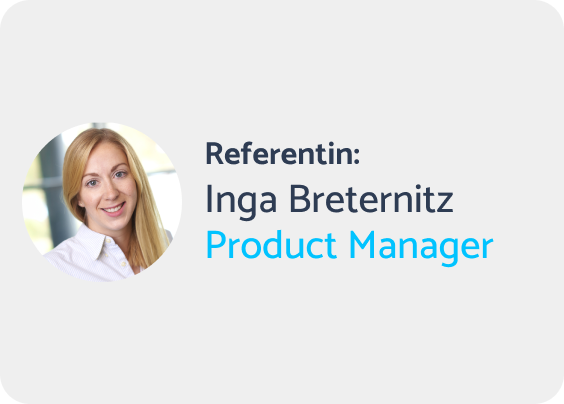 Bild eines LinkedIn-Profils mit einem Foto einer Frau, der Text 'Referentin: Inga Breternitz, Product Manager'