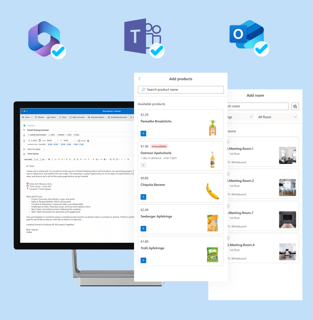 Screenshot einer Computeranwendung mit Icons für Microsoft PowerPoint, Teams und Outlook an der Spitze. Im Vordergrund ein Computerbildschirm mit einer E-Mail Einladung und einer Einkaufsliste für Produkte, darunter Panealba Breadsticks, Ostmost Apfelschorle, Chiquita Banane, Seeburger Apfelringe und Trolli Apfelringe. Im Hintergrund eine Übersicht mit Raum- und Stockwerk-Details.