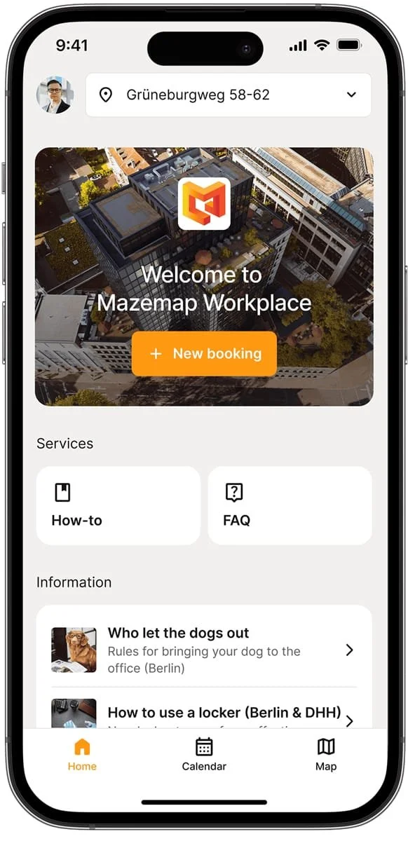 Screenshot der Mazemap Workplace App auf einem Smartphone, der Funktionen zur Buchung von Arbeitsplätzen und lokale Büroinformationen zeigt