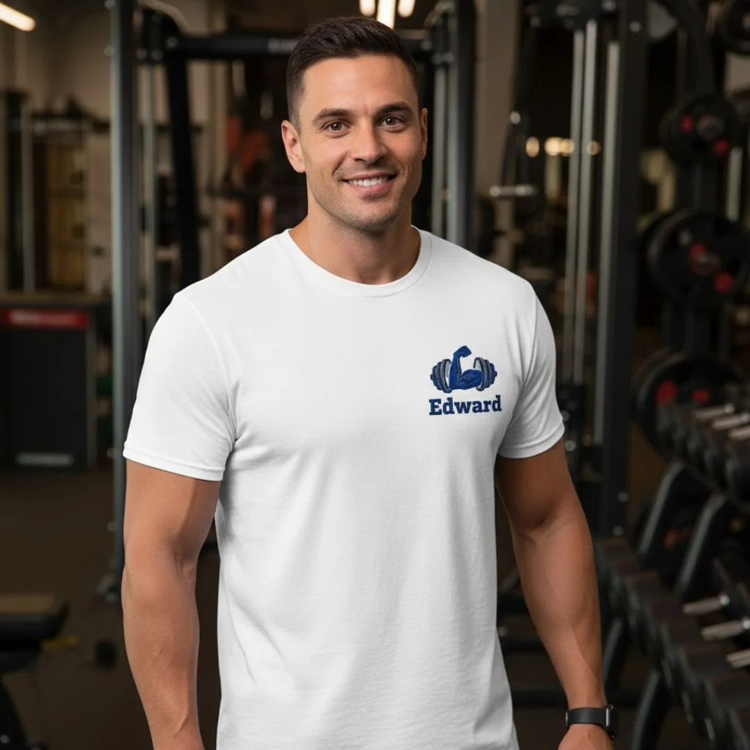 Classic t-shirt with custom embroidery, featuring a comfortable fit, soft breathable fabric, and clean detailed stitching for a timeless everyday style