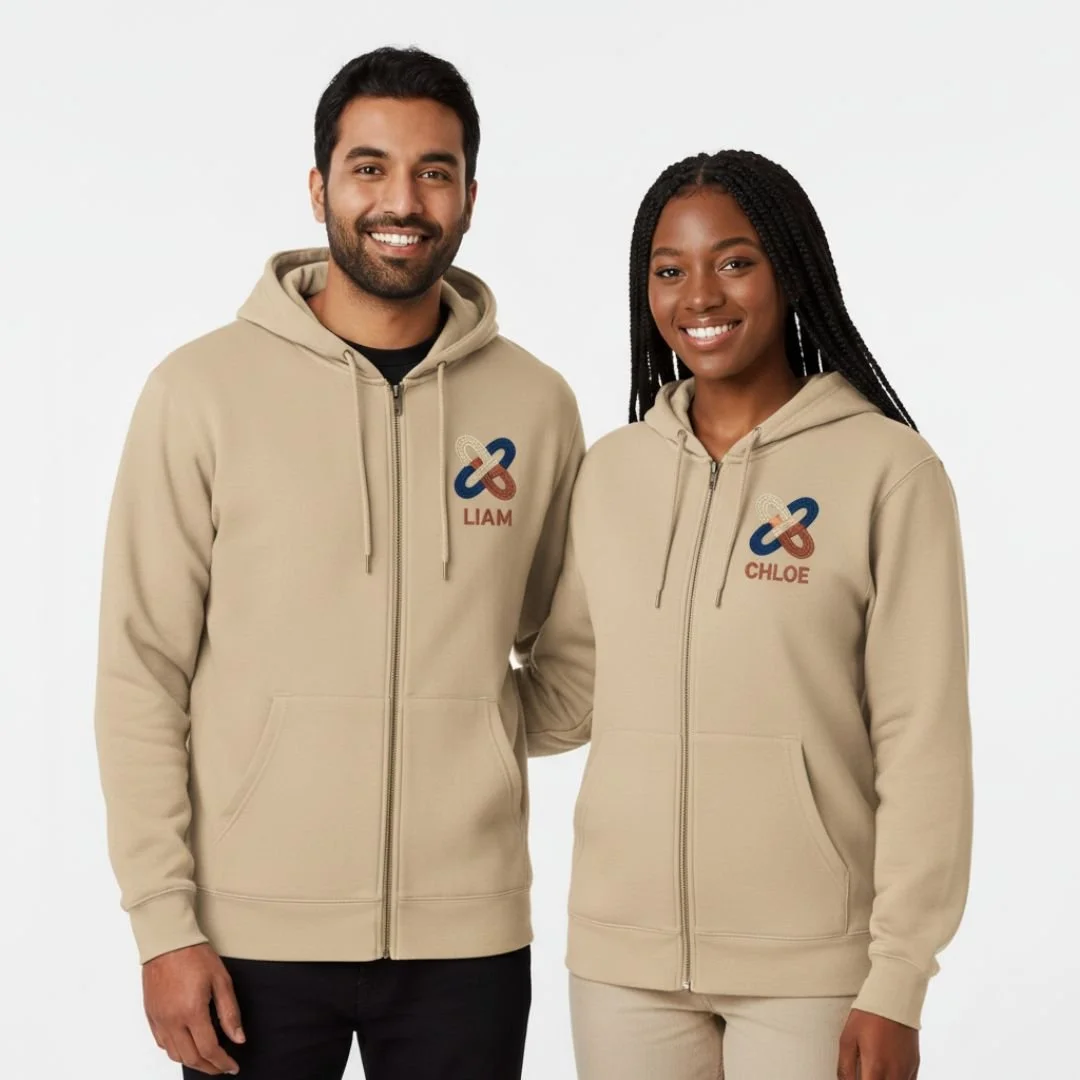 Full zip hoodie with custom embroidery, featuring a comfortable fit, soft premium fabric, and clean detailed stitching for a stylish everyday look