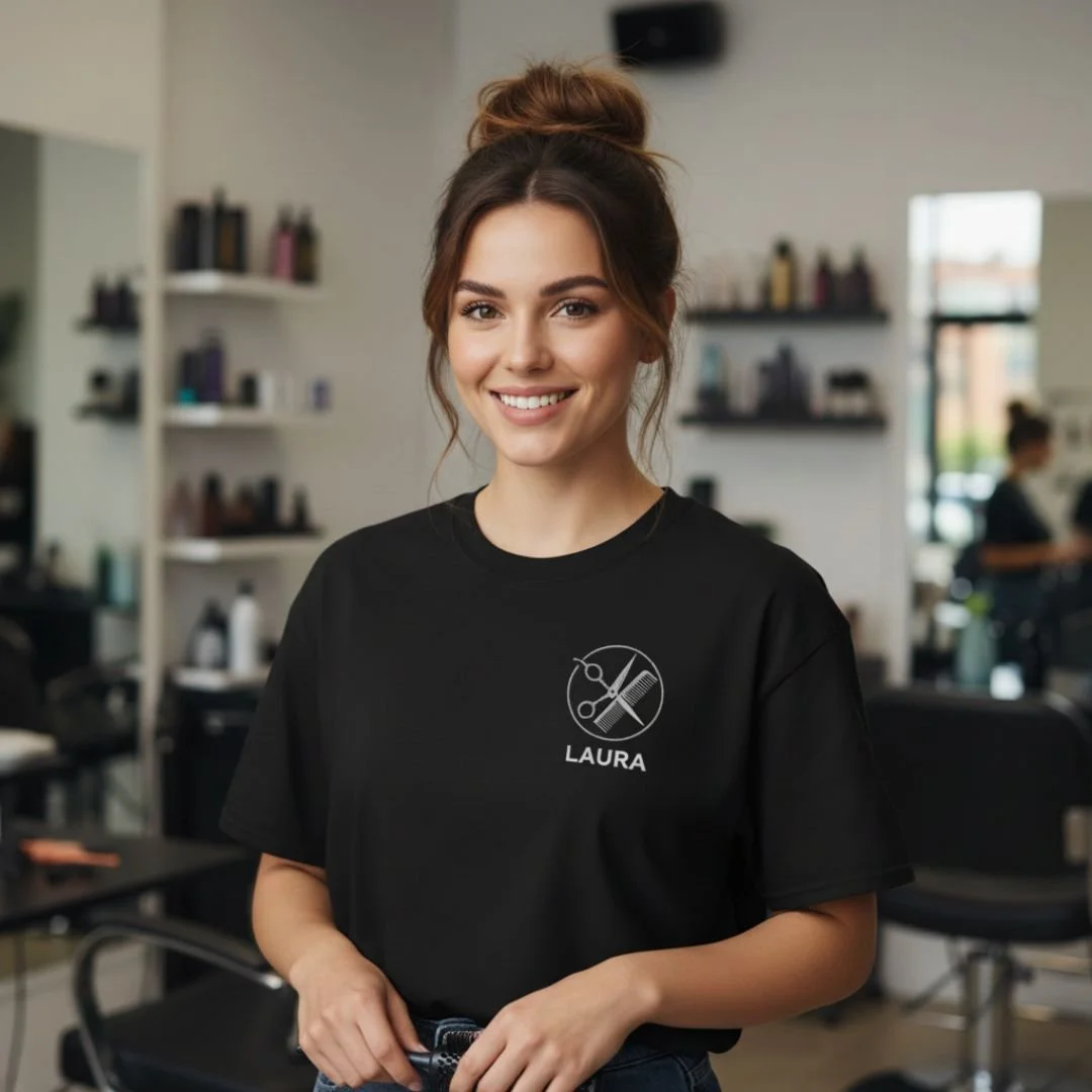 Classic t-shirt with custom embroidery, featuring a comfortable fit, soft breathable fabric, and clean detailed stitching for a timeless everyday style