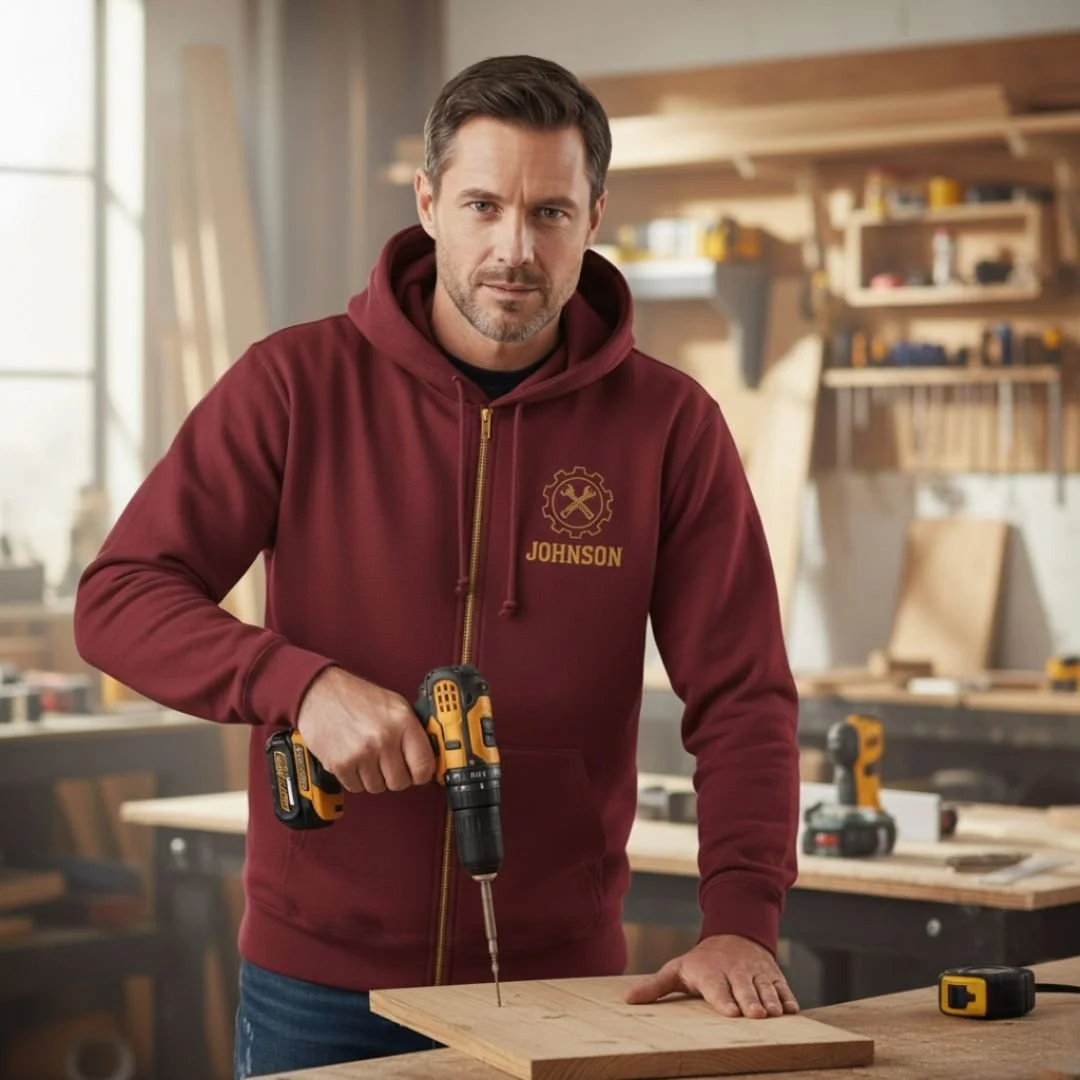 Full zip hoodie with custom embroidery, featuring a comfortable fit, soft premium fabric, and clean detailed stitching for a stylish everyday look