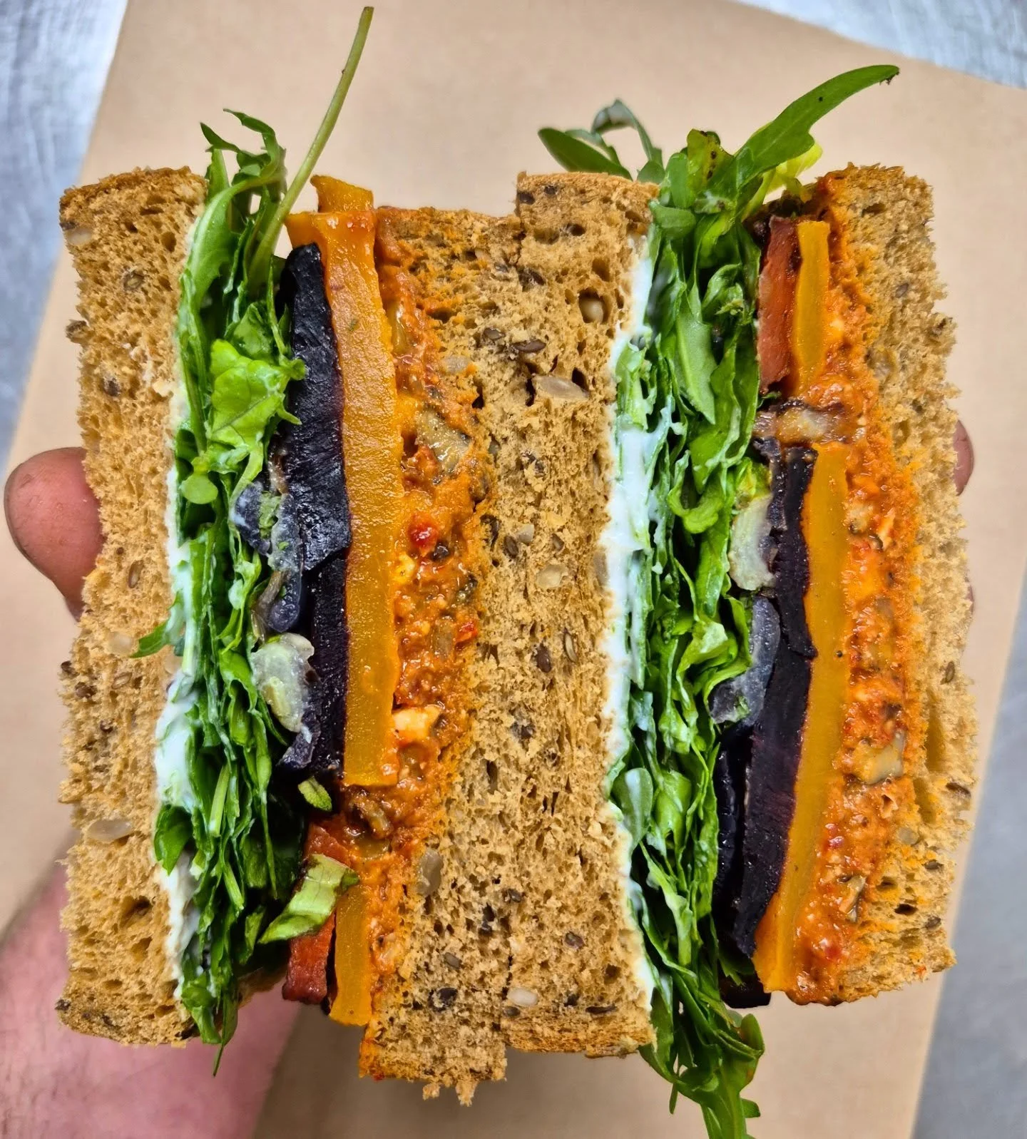 🚨 NEW SARNIE ALERT 🚨

New things and old favourites back in this week

First up introducing....
The Turkish Club

* Harissa roasted squash, carrots &amp; onions
* Walnut &amp; roasted pepper muhammara
* Lemon and garlic Toum yoghurt
* House made to