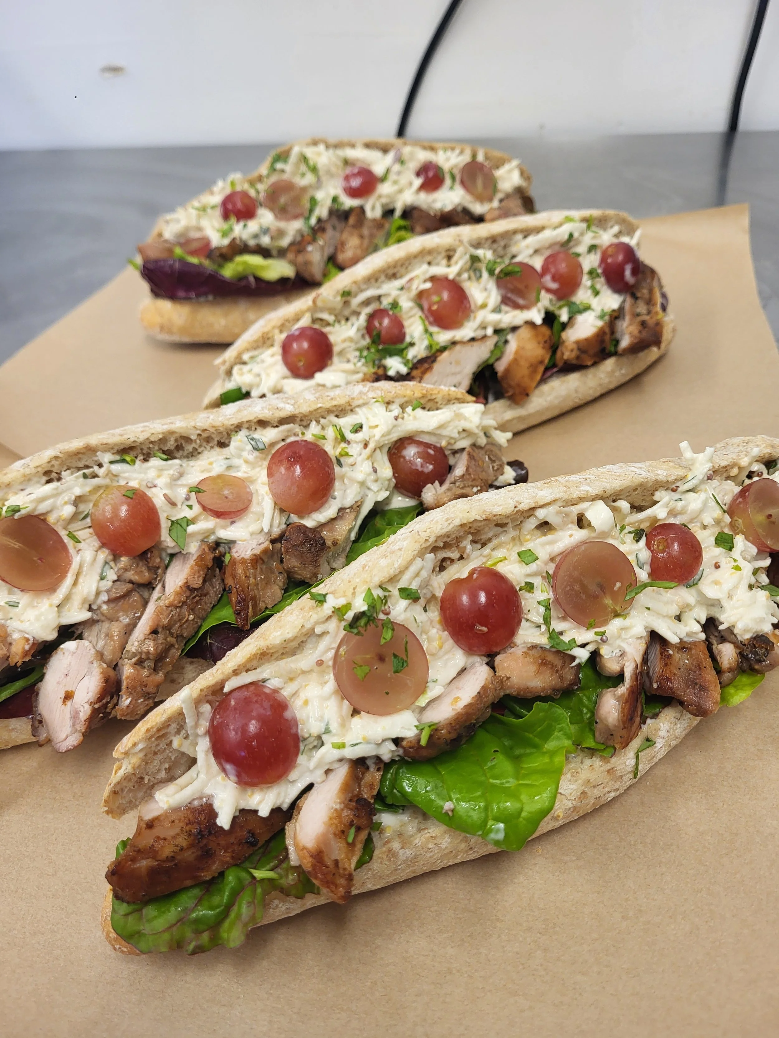 Tea-brined chicken, celeriac remoulade & grape baguette