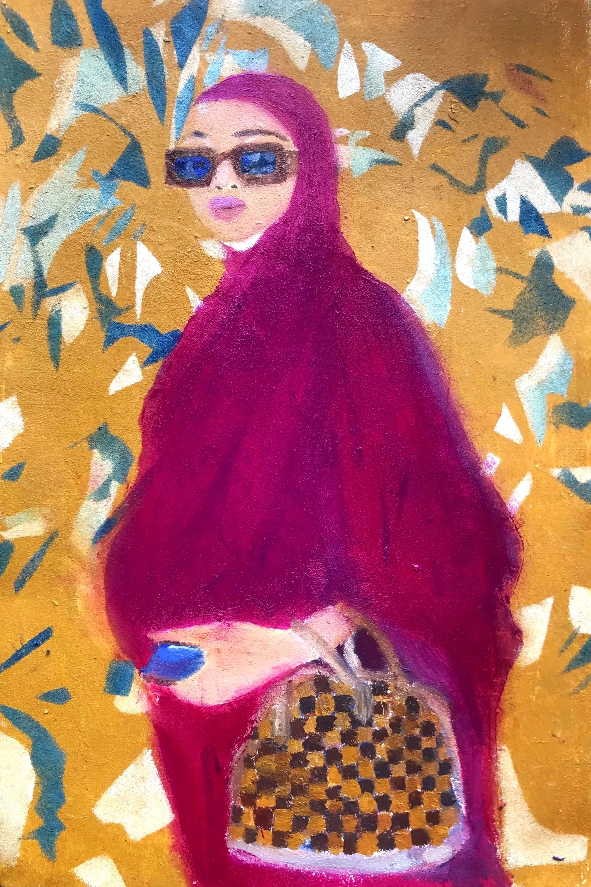 Portrait femme enceinte avec sac Vuitton style, 29,7x42cm, peinture à l'huile sur papier Vélin, 2022, collection particulière