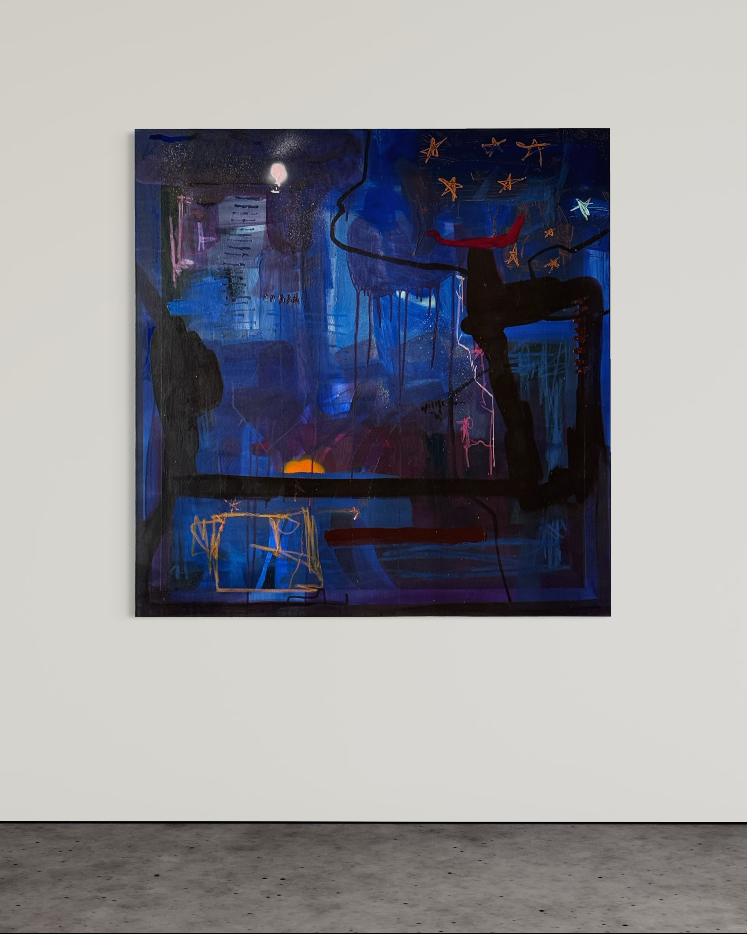 Abstract painting with dark blue and black tones, featuring colourful stars and abstract shapes, displayed on a gallery wall with a concrete floor.