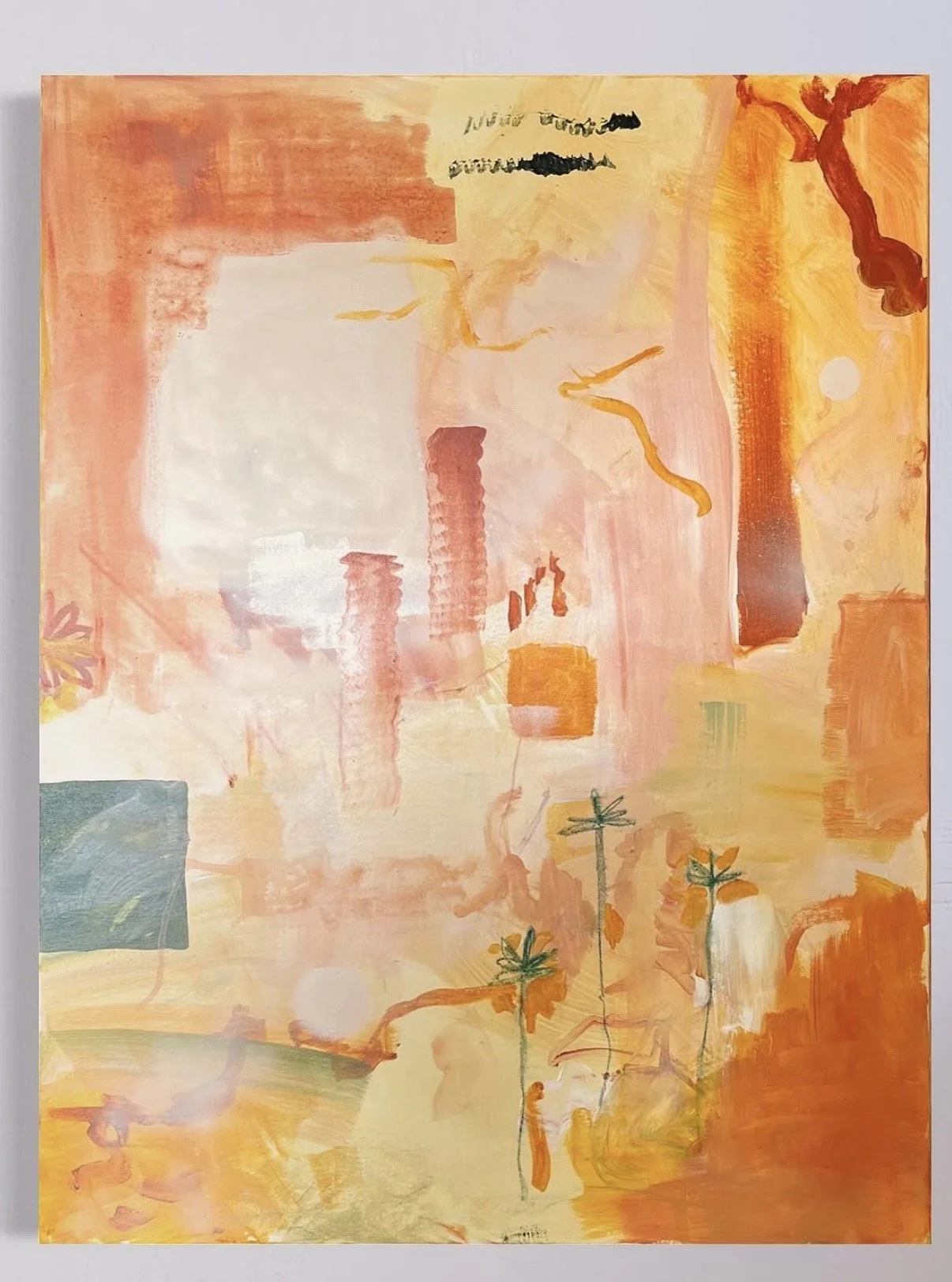 Abstract painting with warm colors, featuring orange, yellow, and beige tones, with some green accents and loose, flowing brushstrokes.