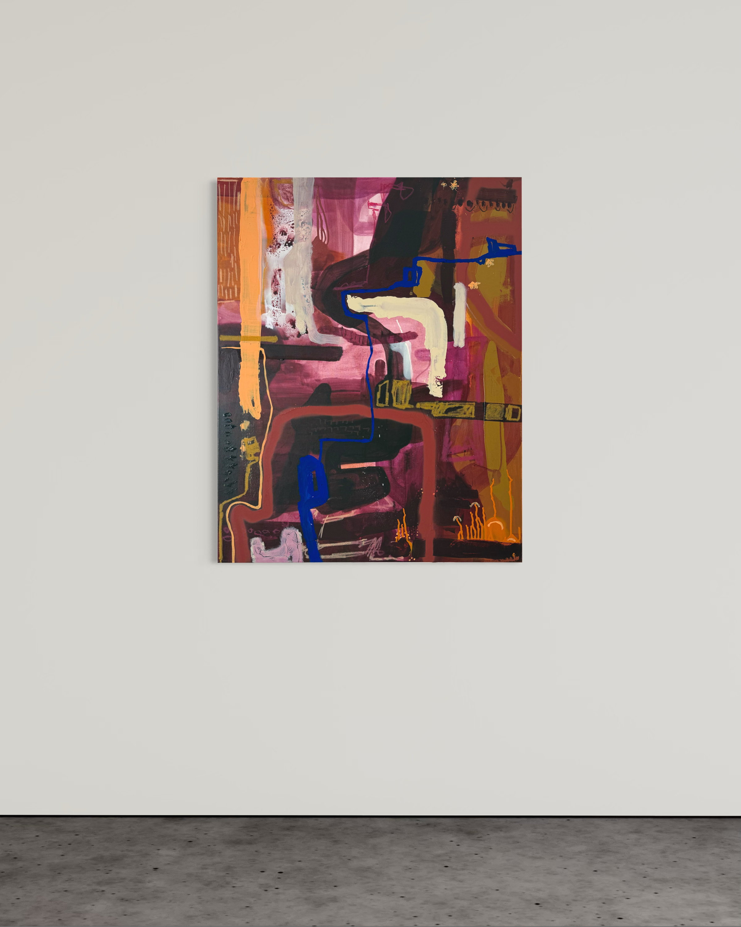 Abstract colorful painting with pink, orange, black, white, and blue elements displayed on a white gallery wall above a gray concrete floor.