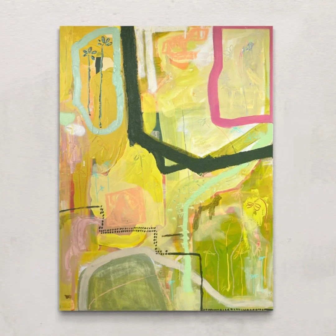 Abstract colorful painting with yellow, pink, black, green, and light blue brushstrokes and shapes.
