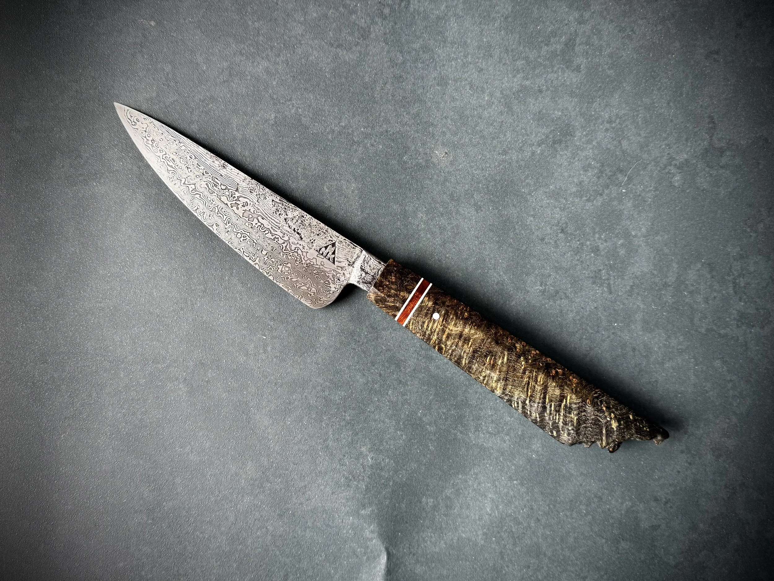 Damascus Petty Knife with Live Edge Black Ash Burl Handle