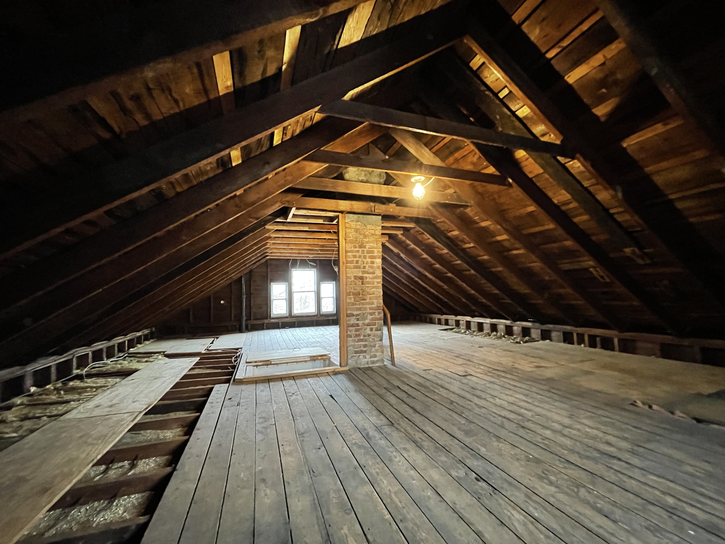 "Athens Attic" spruce timber framing, plywood, brick and eastern light, 2022