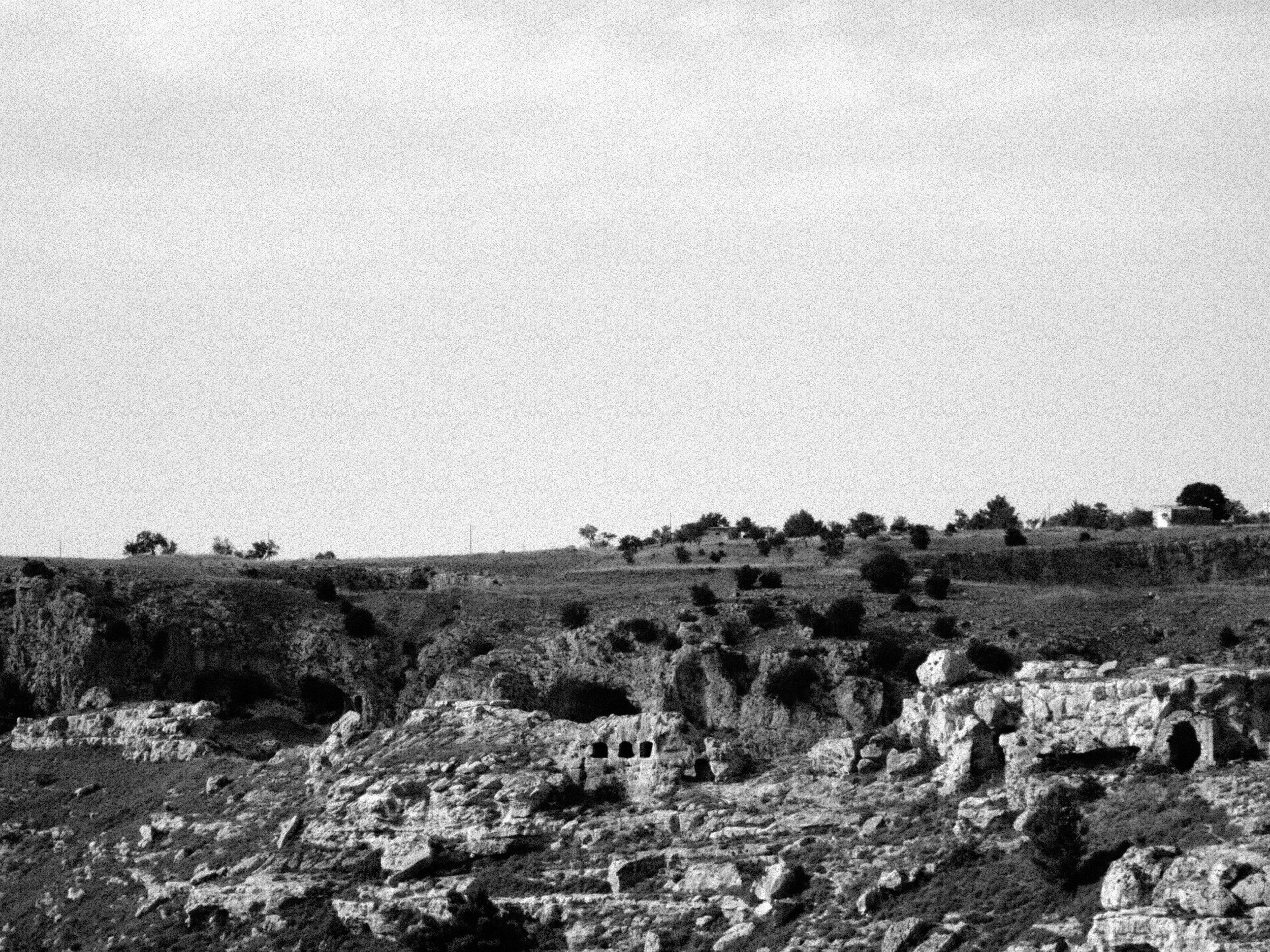 A black and white landscape photo showing a rocky foreground, open grassy field, and trees on the horizon with a clear sky.
