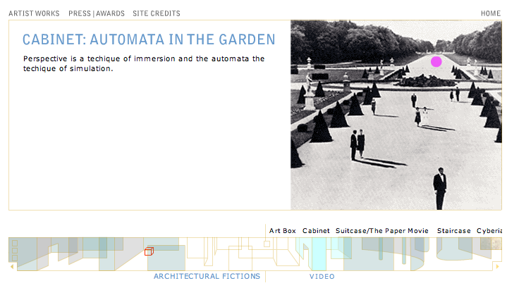 Black-and-white photograph of a formal garden with symmetrical pathways, neatly trimmed bushes, and several people walking or standing, with trees lining the perimeter in the background.