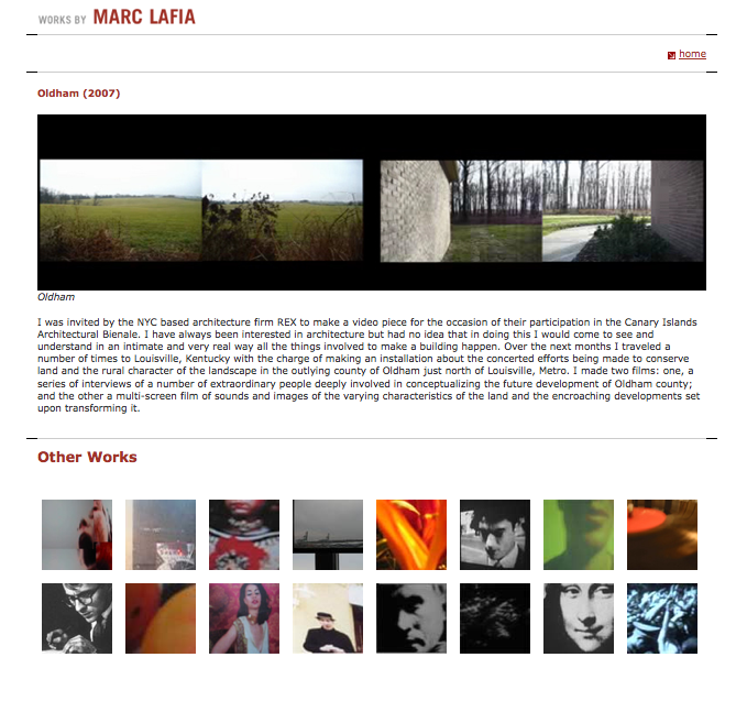 Screenshot of an art website showcasing works by Marc LaFia, featuring a project called Oldham from 2007 with panoramic landscape photos and a section of smaller images of people and abstract art.