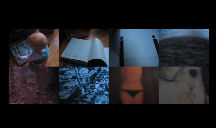 A collage of eight images in a grid, including a baby reading a newspaper, an open notebook, a view of the ocean, cityscapes, a person in black underwear, and a sketch of a face.