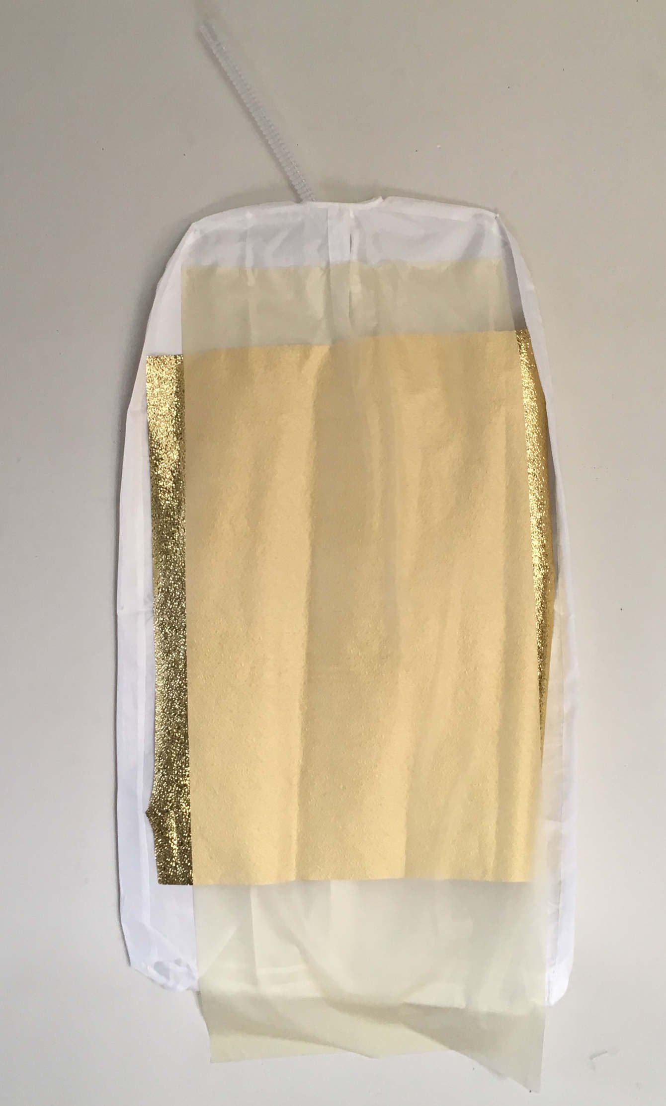 The General Intellect is Looking for a Body or Never Remembering Having Gone to Sleep 
2017 
55" x 24" 
polyester wardrobe, latex, gold paper, plastic pipe