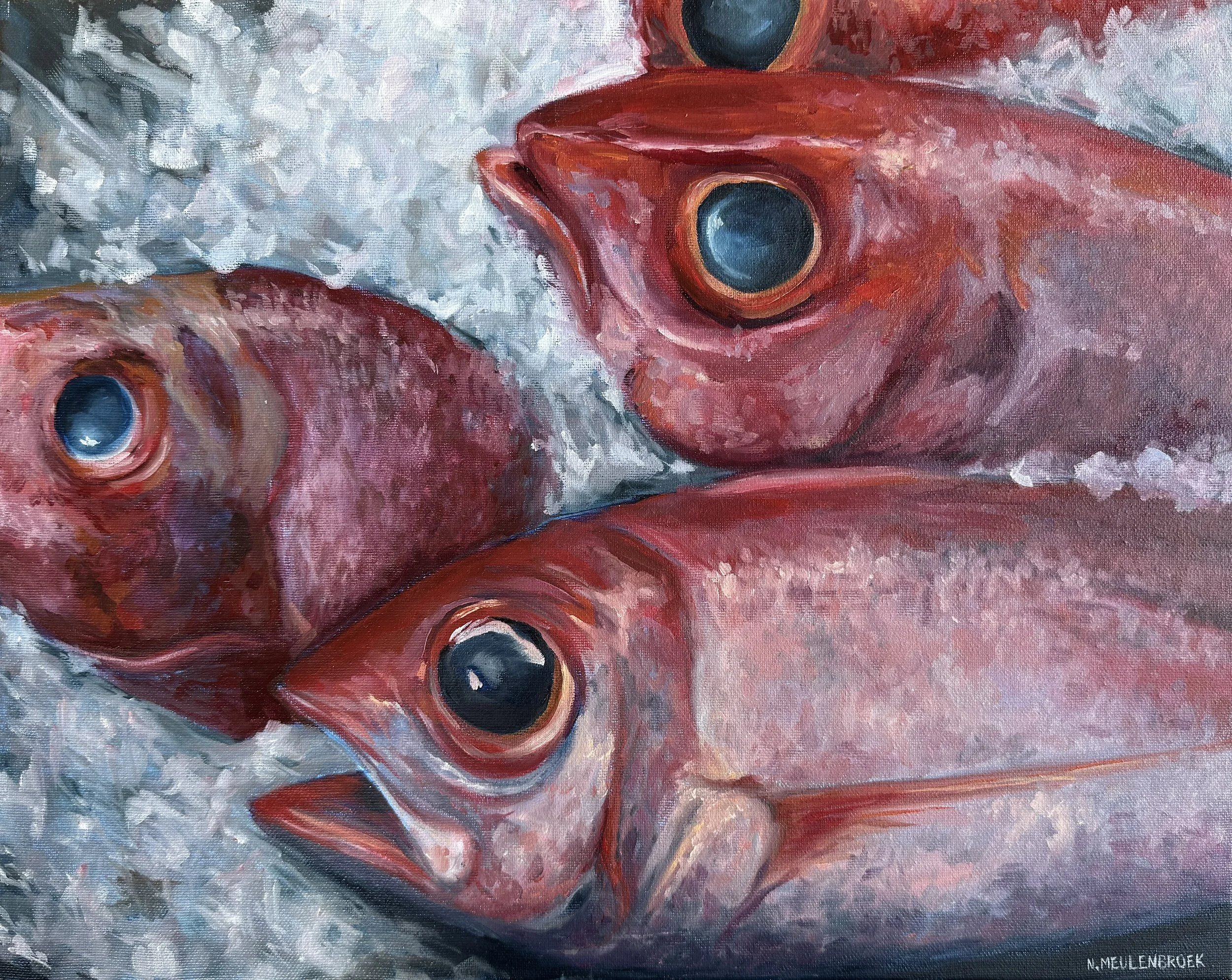 Close-up painting of multiple red fish with large, dark eyes floating in water, with a background of white and blue water textures.
