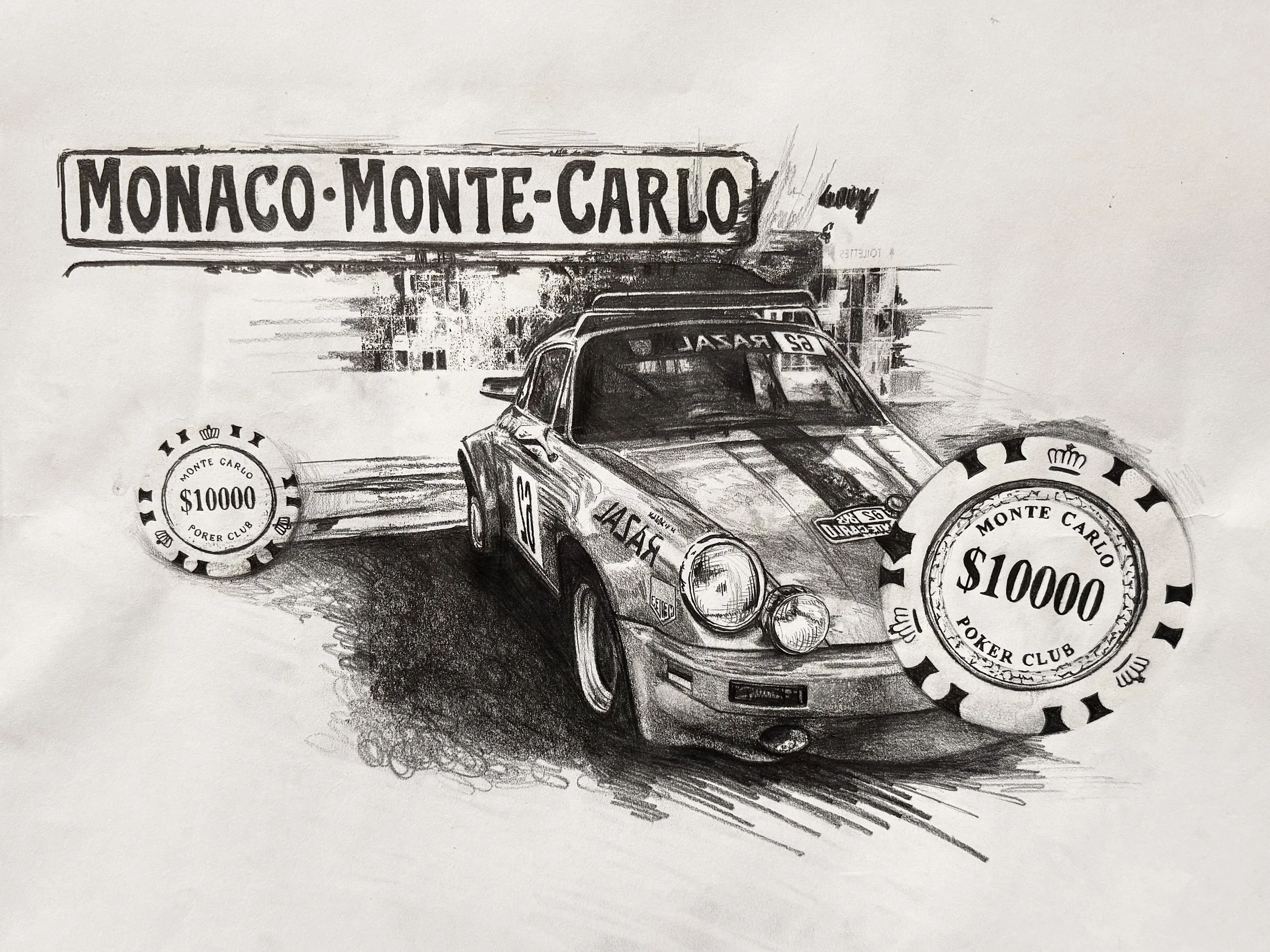 A black and white drawing of a rally car with the sign 'Monaco Monte Carlo' on top and poker chips, one displaying '$10,000' and 'Poker Club', surrounding it.