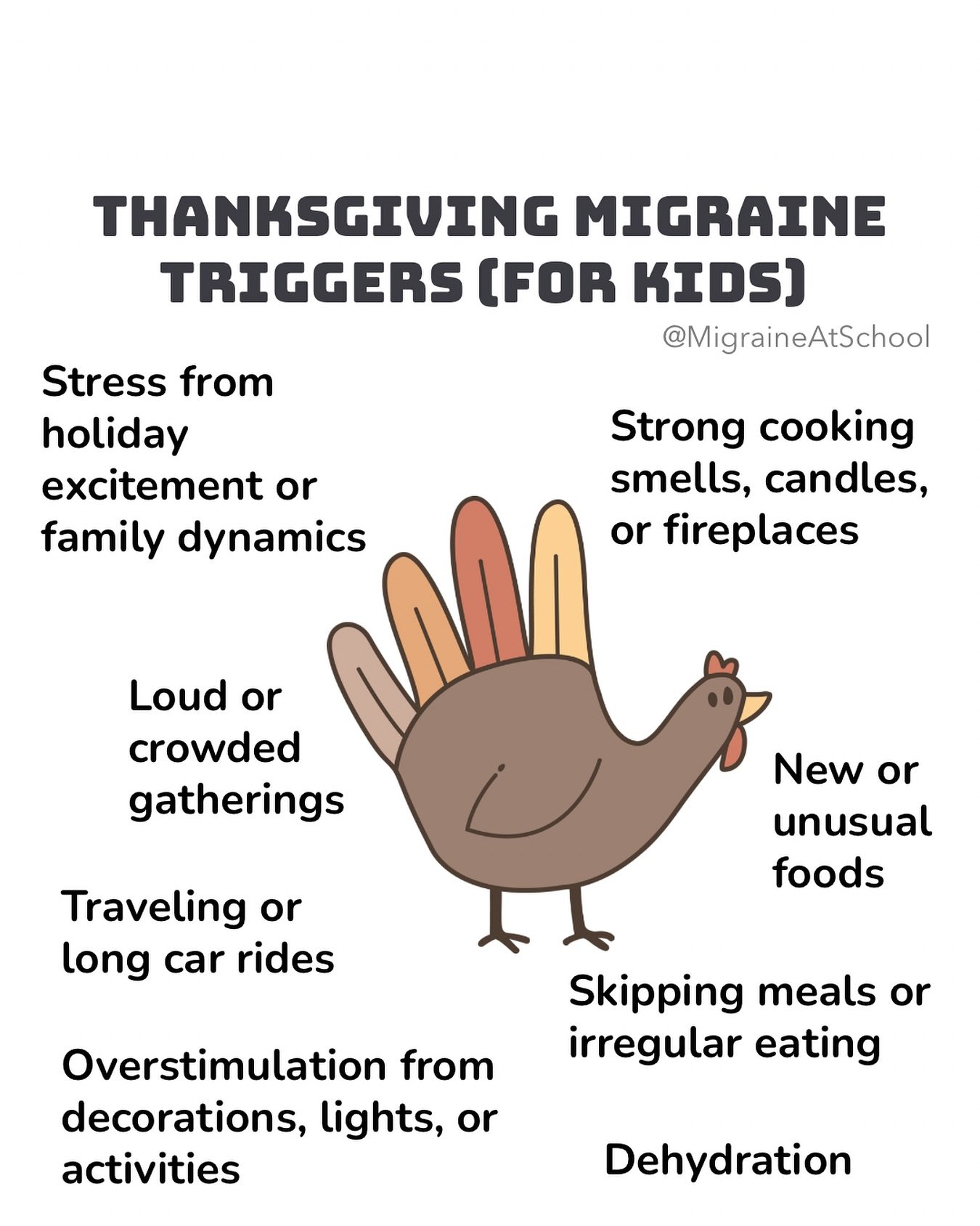 Thanksgiving fun can come with some not-so-fun migraine moments for kids and their families. 

From staying up late to the excitement (and noise!) of a big family dinner, it&rsquo;s easy for holiday triggers to sneak in. The good news? Knowing what m