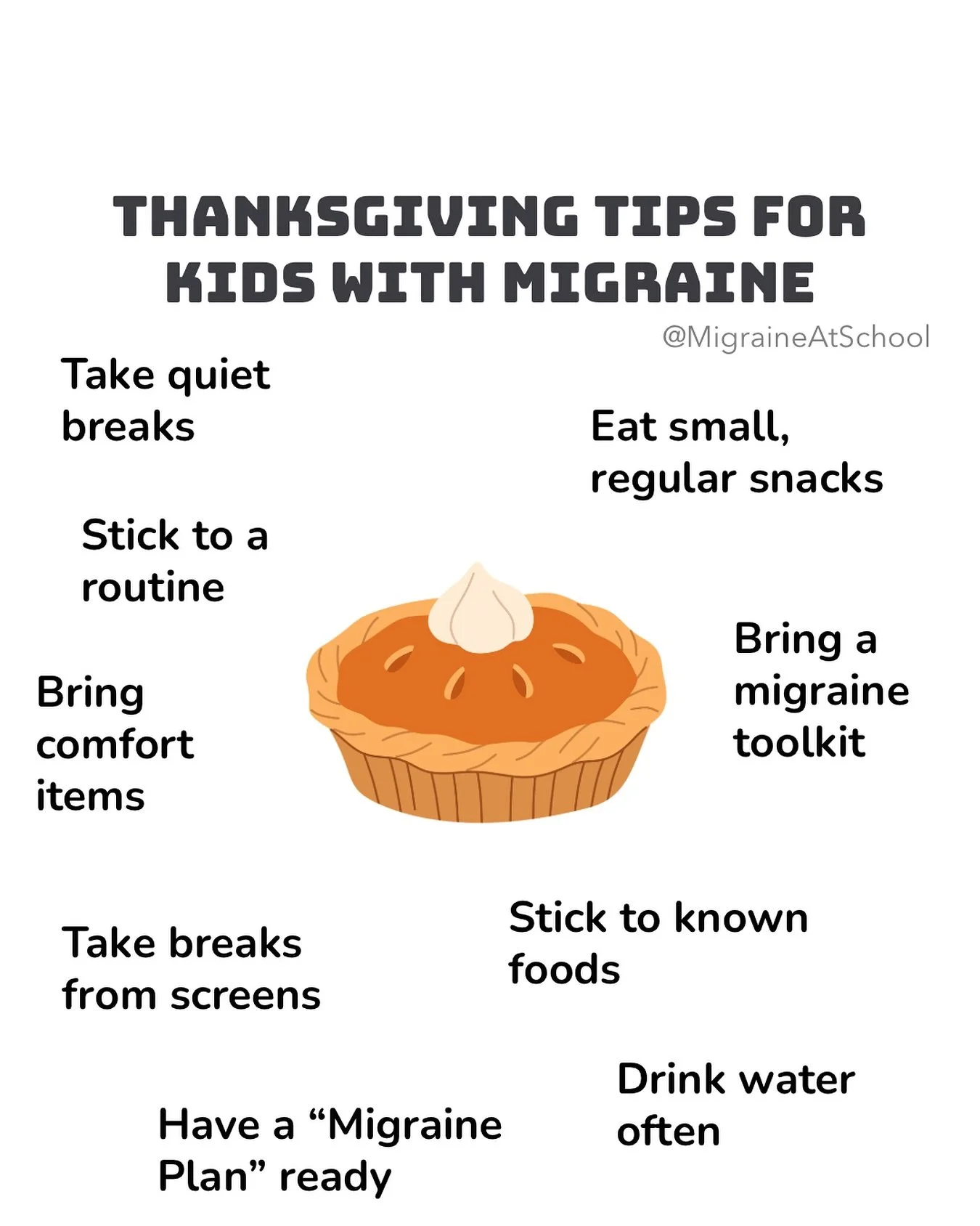 Kids deserve a Thanksgiving full of joy, not a migraine attack. 

A few small tips can make a big difference. 
Save these for a smoother holiday!

Follow @MigraineAtSchool for more tips! 

#migraine #chronicmigraine #migraineawareness #migrainelife #