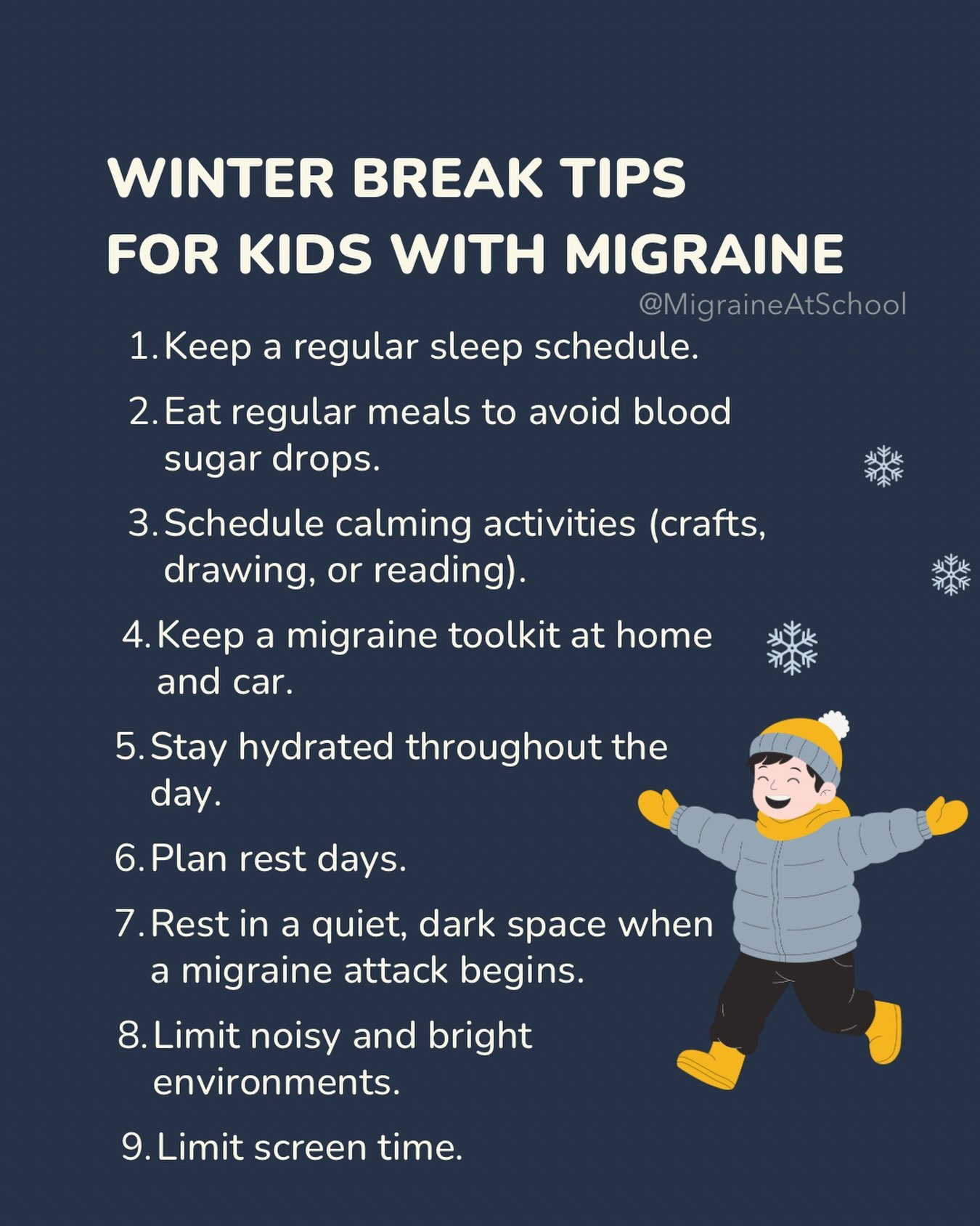 Winter break is supposed to be fun&hellip; until migraine gets louder.

Keeping sleep, meals, rest, and quiet time consistent can make a big difference, but it&rsquo;s not always easy.

Has your winter break started yet? 

#migraines #pediatricmigrai