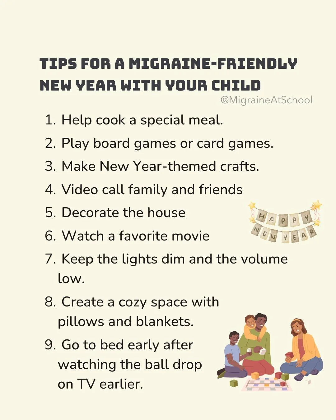 New Year&rsquo;s looks different when your child is chronically ill, and that&rsquo;s okay. Quiet joy counts, and so is listening to their body. 

💬 Comment with one migraine-friendly way your family is ringing in the New Year. You might help anothe