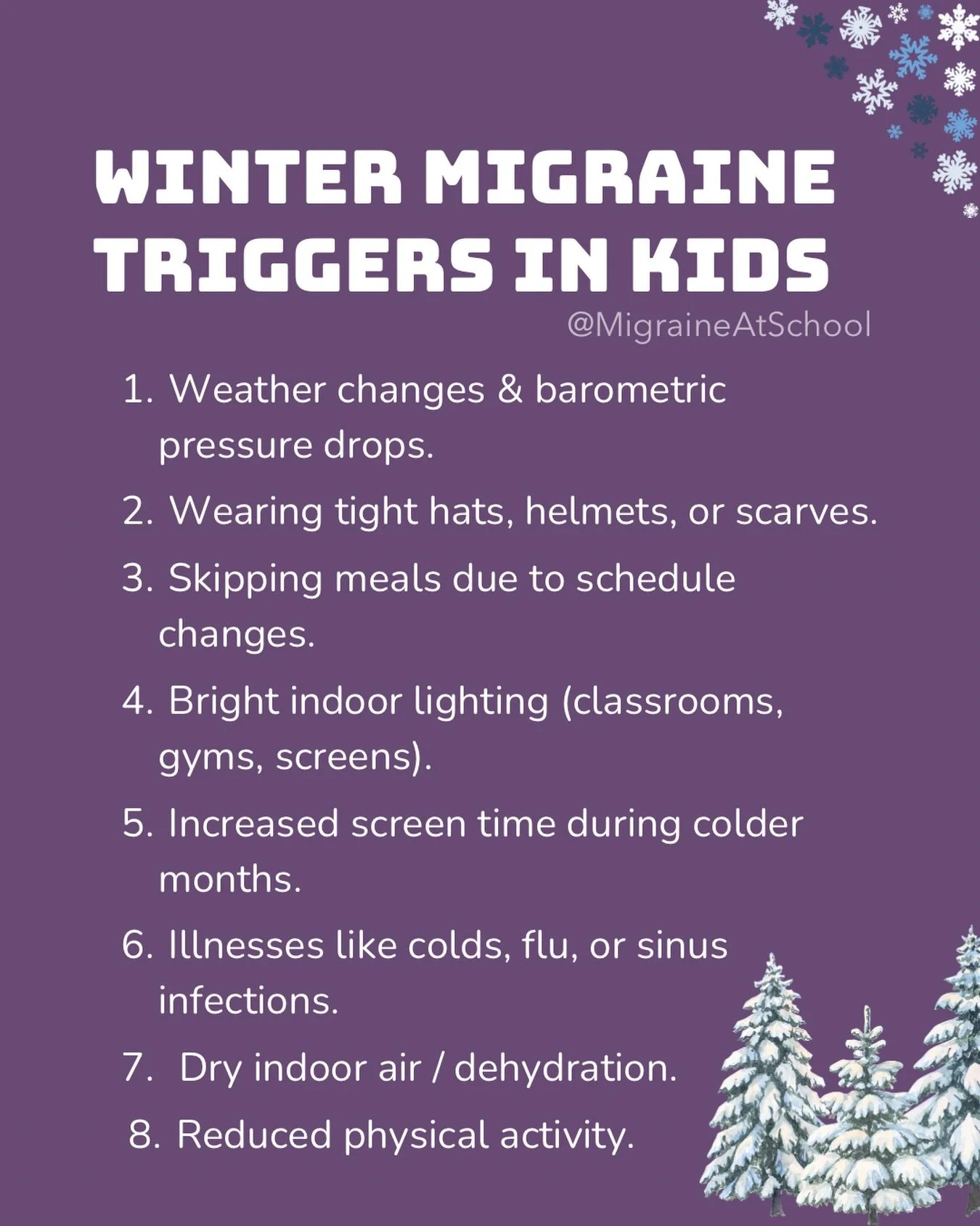 Winter can be tough on kids with migraine and on the parents doing their best to support them.

Keeping a simple migraine diary can be incredibly helpful to figure out Migraine triggers. Writing things down over time gives your child&rsquo;s doctor c