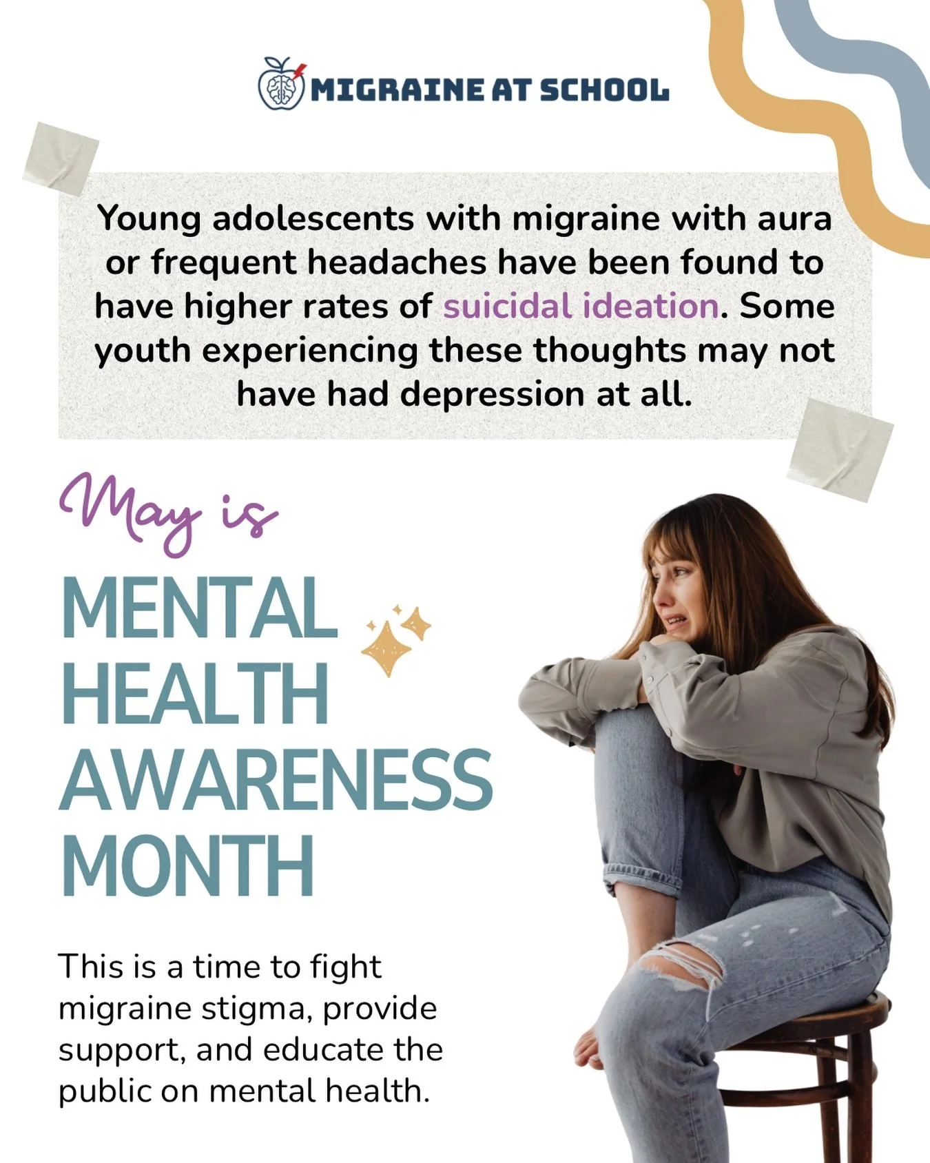 May is Mental Health Awareness Month 💜

Youth with migraine face higher rates of anxiety, depression, social isolation, and even suicidal ideation. Yet many are only told how to treat the pain, not how to cope with everything that comes with it.

Th