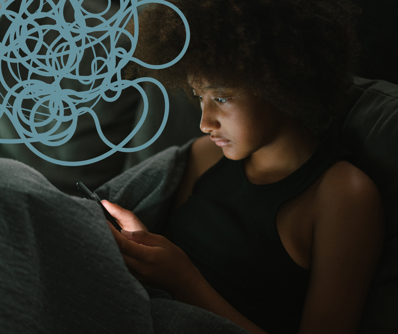 Image of teen in bed mindlessly scrolling phone with illustration of confusion in corner of picture