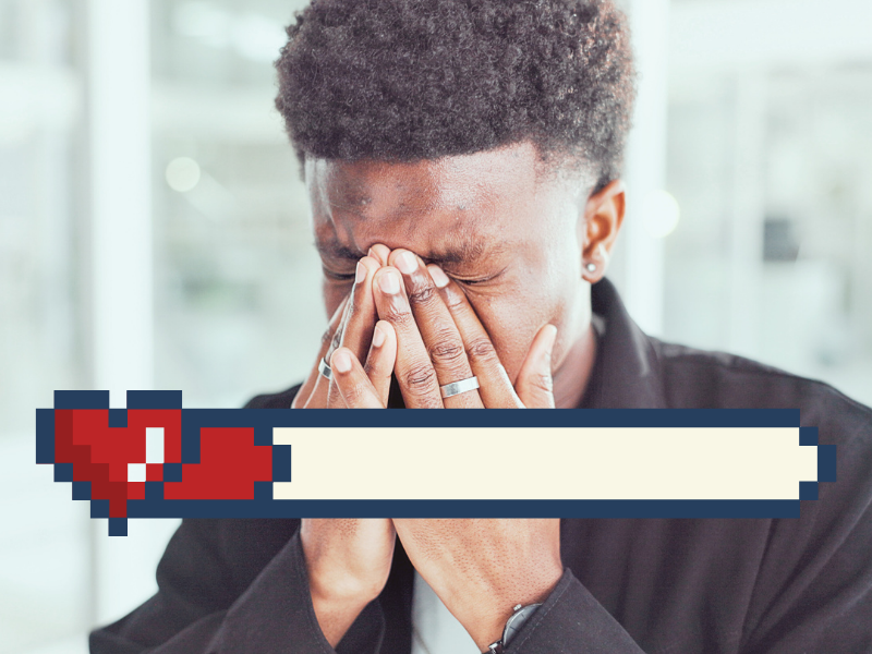 Teen holding their face in distress with a pixel heart bar, showing school stress and emotional overwhelm connected to migraine symptom management.