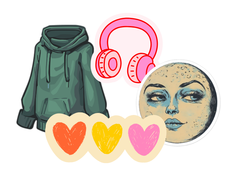 Illustration representing teen self-care during migraine, including a hoodie, headphones, calming moon imagery, and hearts symbolizing self-compassion and emotional support.