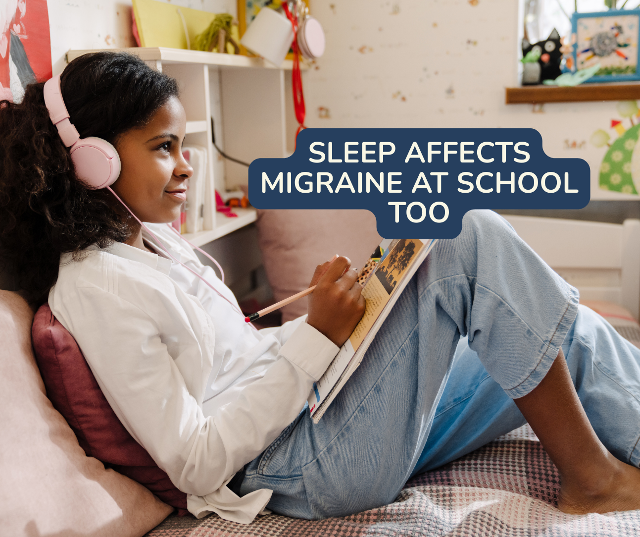 Teen studying in bed to show how sleep habits can impact migraine symptoms during the school day. Overlay text Sleep Affects Migraine at School too.