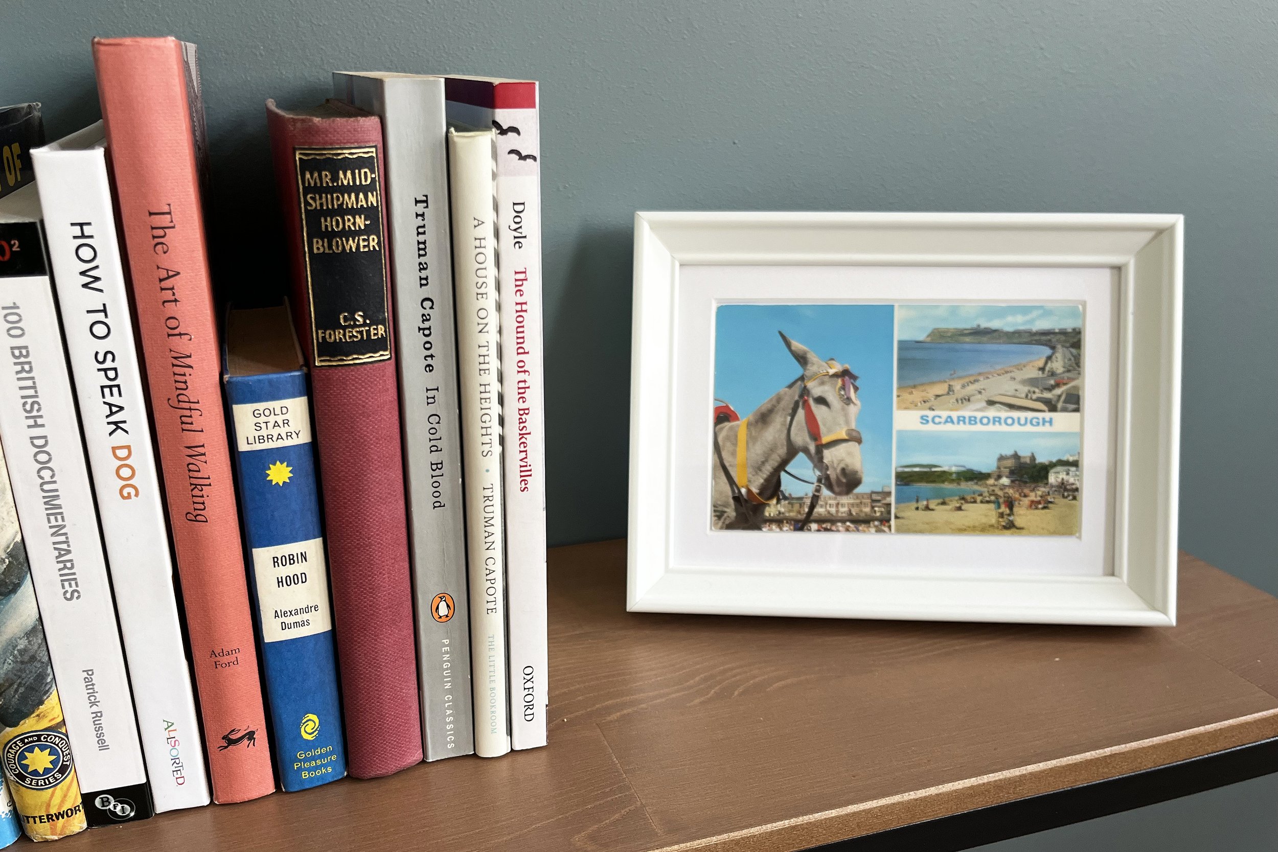 A collection of books standing next to a framed collage photo of Scarborough, including images of a pony, a beach, and the town.
