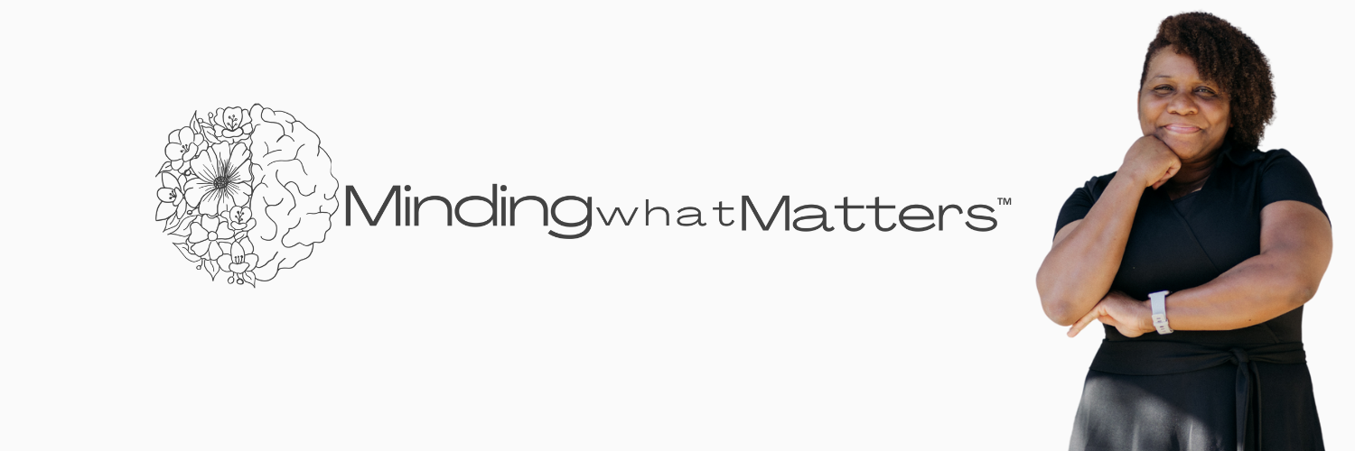Logo with brain and floral design next to the text "Minding What Matters." A person stands to the right with a thoughtful pose.