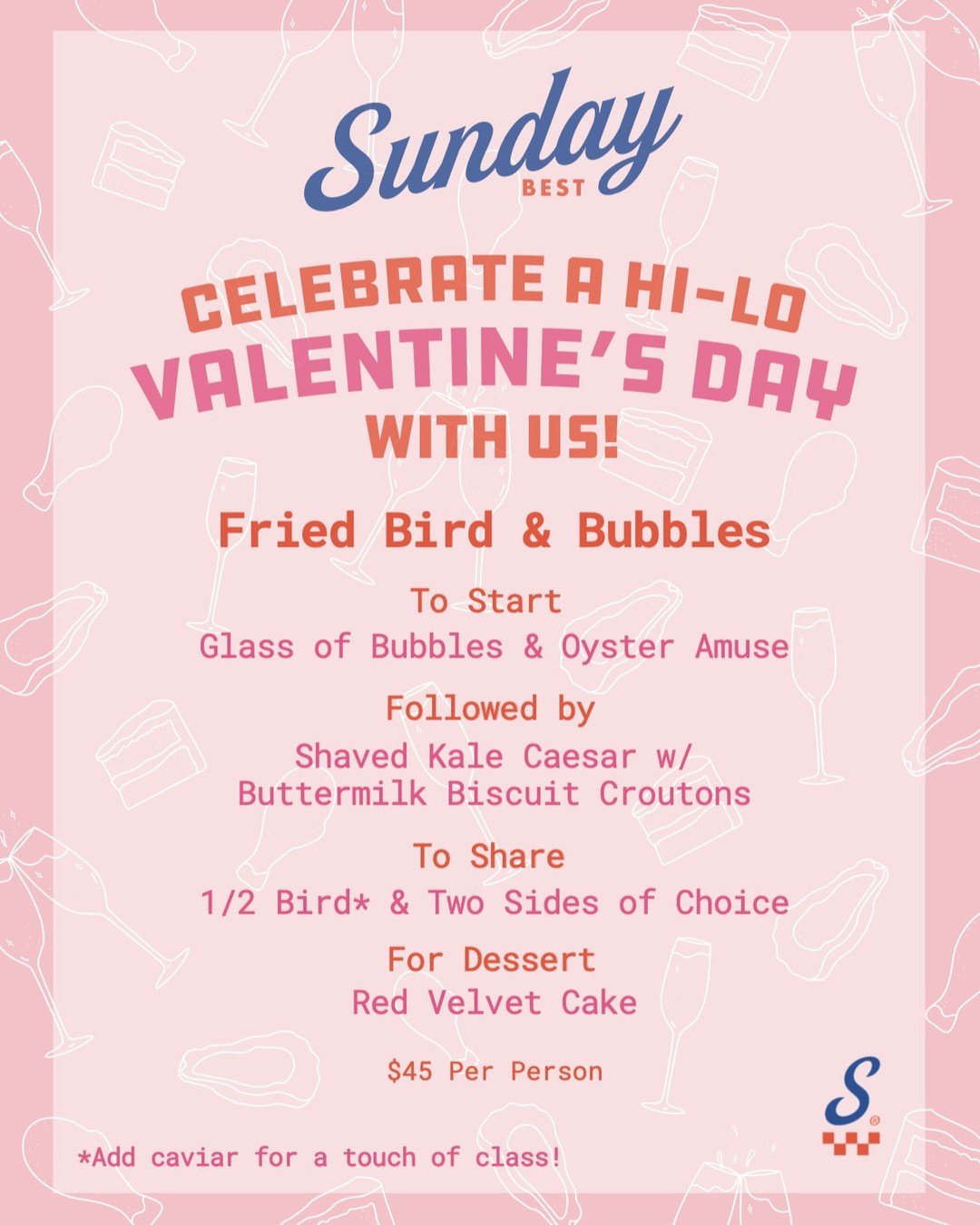 A Hi-Lo Valentine's. Fried Chicken and Bubbles. Two great things, together. Tired of overly expensive valentine's options we got you. Come see us!