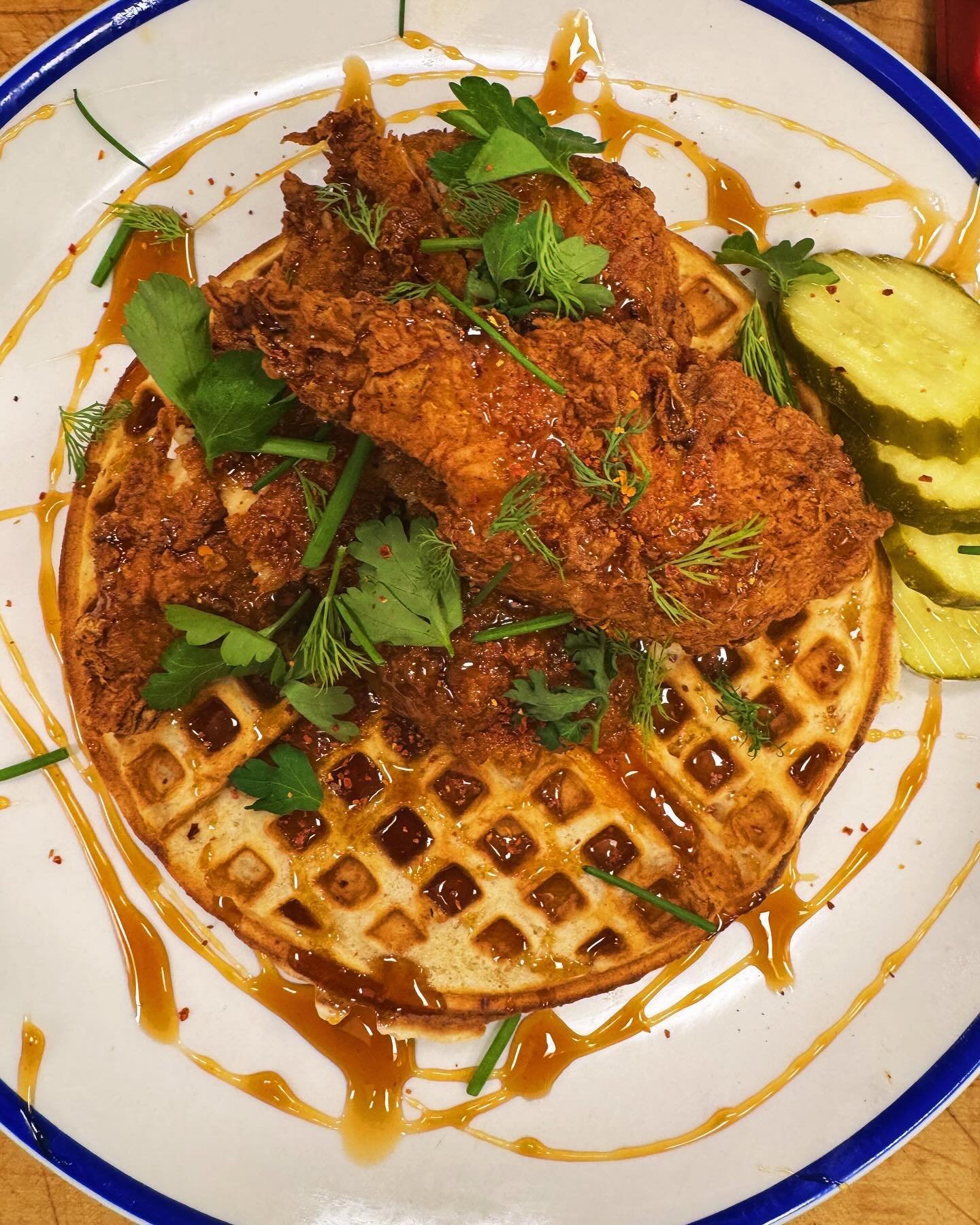 It&rsquo;s back. A really old school version of chicken waffles we use to rock at our previous restaurant Juniper. Fish sauce caramel, gochuchang peanut butter, pickles, and herbs. It&rsquo;s back just for a limited time though (unless y&rsquo;all fo