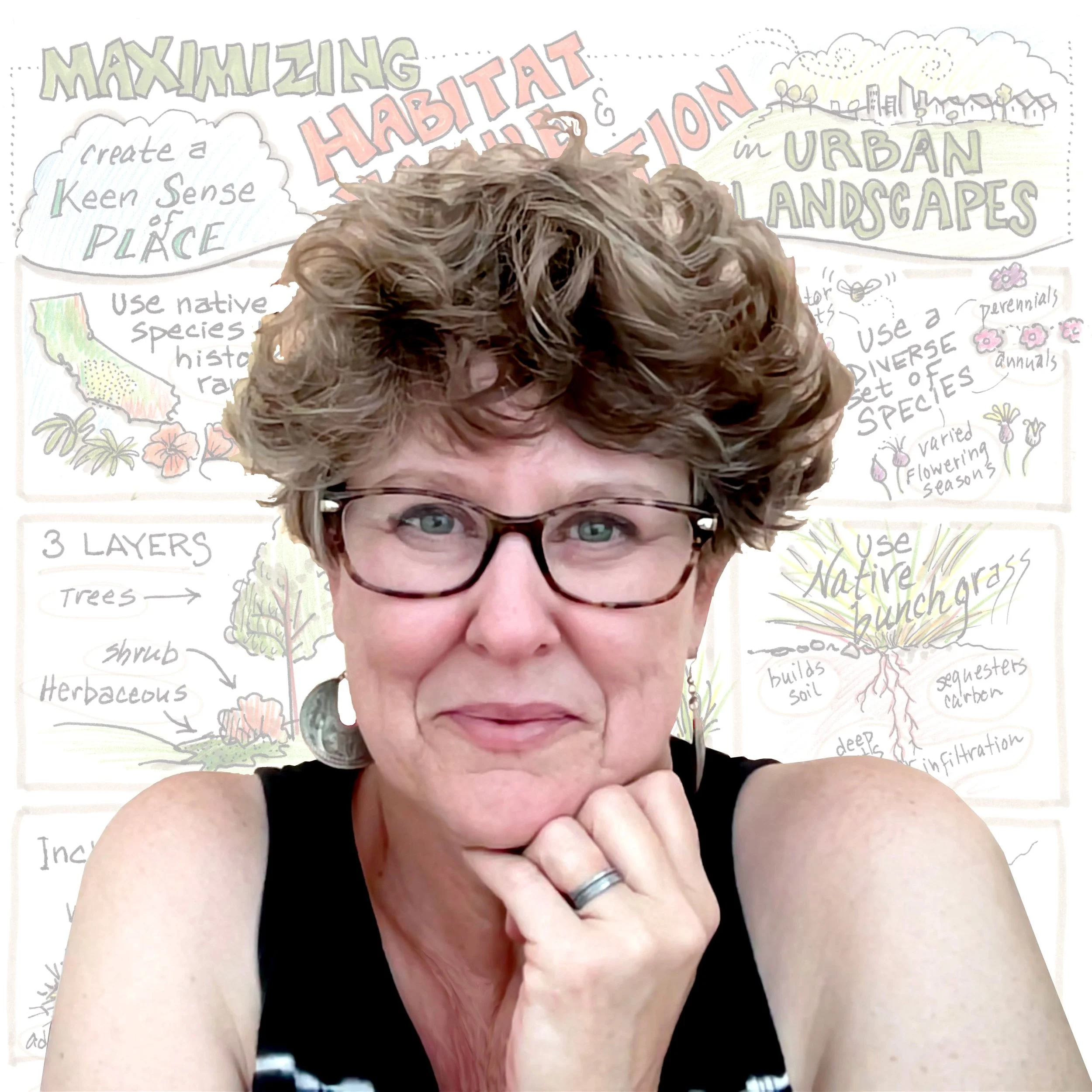 Woman smiling with glasses in front of a nature journaling page background