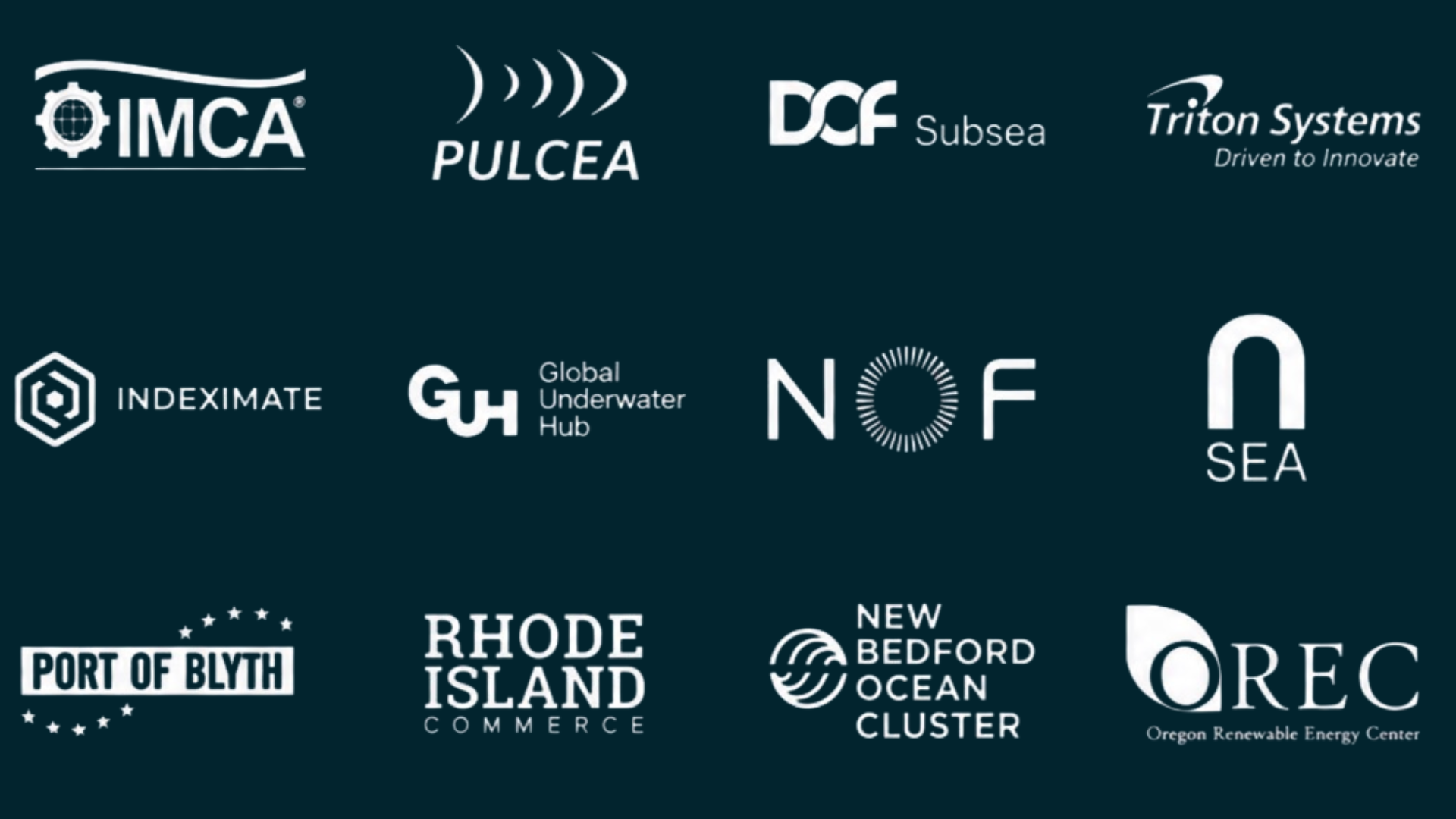 Collection of logos for various organizations and initiatives related to marine and ocean exploration and renewable energy, including IMCA, PULCEA, DCF Subsea, Triton Systems, INDEXIMATE, Global Underwater Hub, NOF, SEA, Port of Blyth, Rhode Island Commerce, New Bedford Ocean Cluster, Oregon Renewable Energy Center.