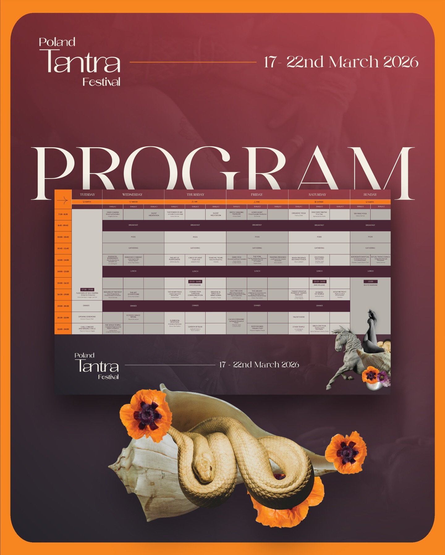 The program is here ☀️🎊 Not a schedule - a journey.

Arrival &rarr; Opening Ceremony
Awareness &rarr; Embodied Consent, Energetic Boundaries
Breath &rarr; Osho Chakra Breathing Meditation, Circle of Light
Movement &rarr; Ecstatic Dance Ritual, Ritua