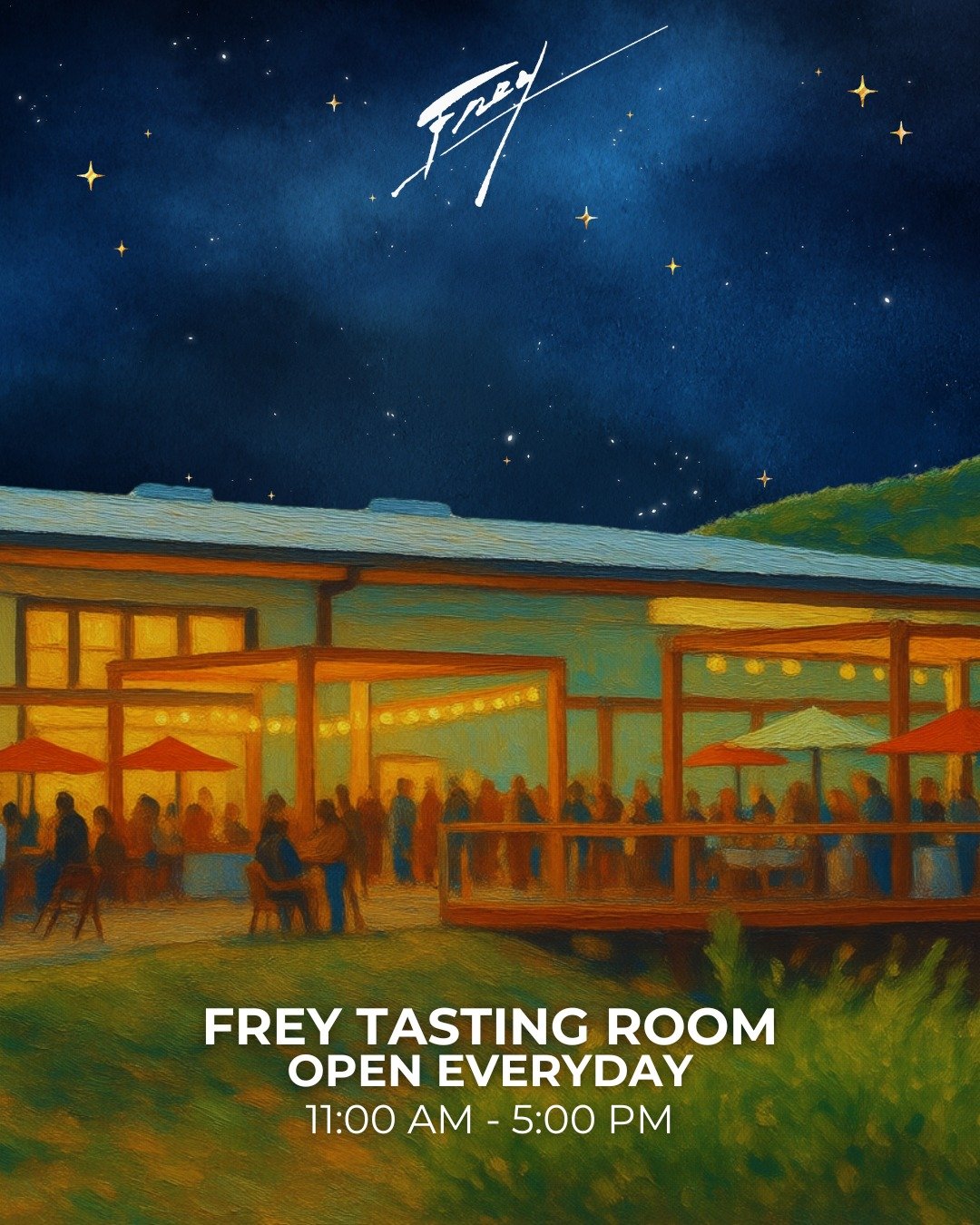 A little Frey magic under a starry sky✨🍷

Our tasting room has never looked dreamier! Whether you're joining us for a wine tasting, a concert, a special event, or simply a peaceful afternoon among the vines, there's always a place for you here.

Com