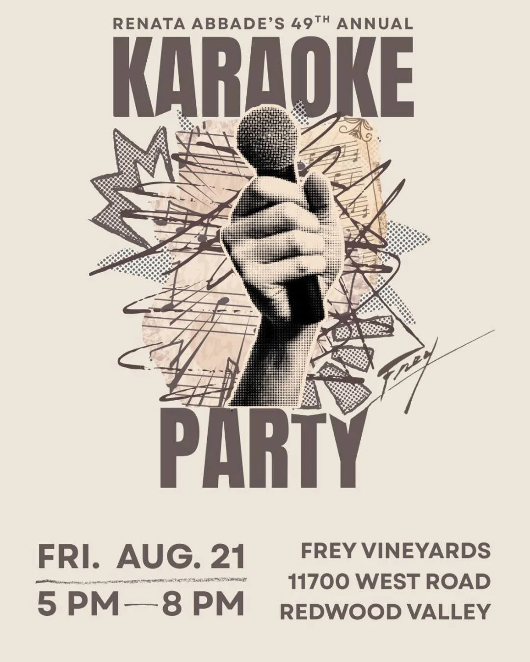 KARAOKE PARTY AT FREY! 

Come celebrate with us as we raise a glass and sing the night away for Renata Abbade&rsquo;s 49th Annual Karaoke Party! 
After joining us for our Blue Moon Dance Party, Renata is back&mdash;and this time, she&rsquo;s celebrat