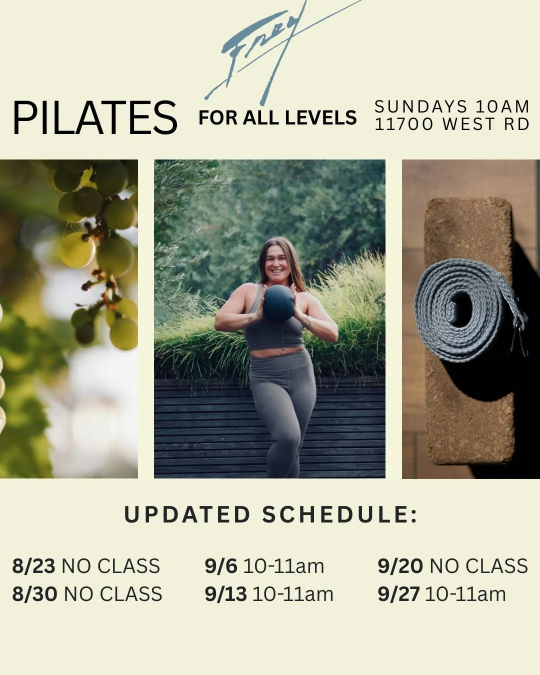 New Pilates Schedule at Frey! 

We&rsquo;re taking a little break from Pilates for the next two Sundays, but we&rsquo;ll be back soon with a fresh new schedule!

Stay tuned for upcoming dates and join us for a morning of movement, mindfulness, and re