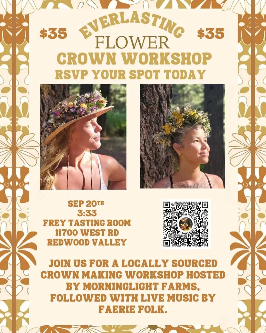 Join us for a locally sourced crown-making workshop hosted by Morninglight Farms, followed by live music from Faerie Folk!

$35 - RSVP your spot today!