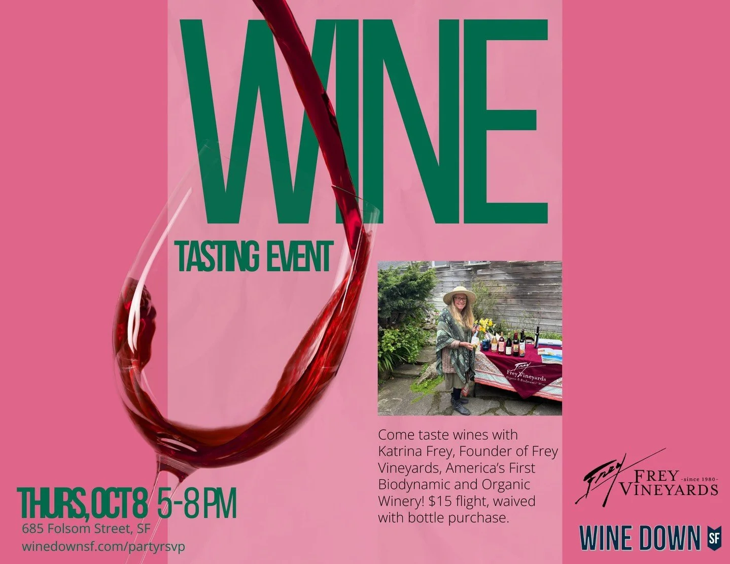 Katrina Frey is heading to San Francisco!

Join Katrina Frey, founder of Frey Vineyards, at Wine Down SF, a women-owned neighborhood wine bar in SOMA that&rsquo;s all about making wine approachable, fun, and community-focused.

Come taste Frey wines,
