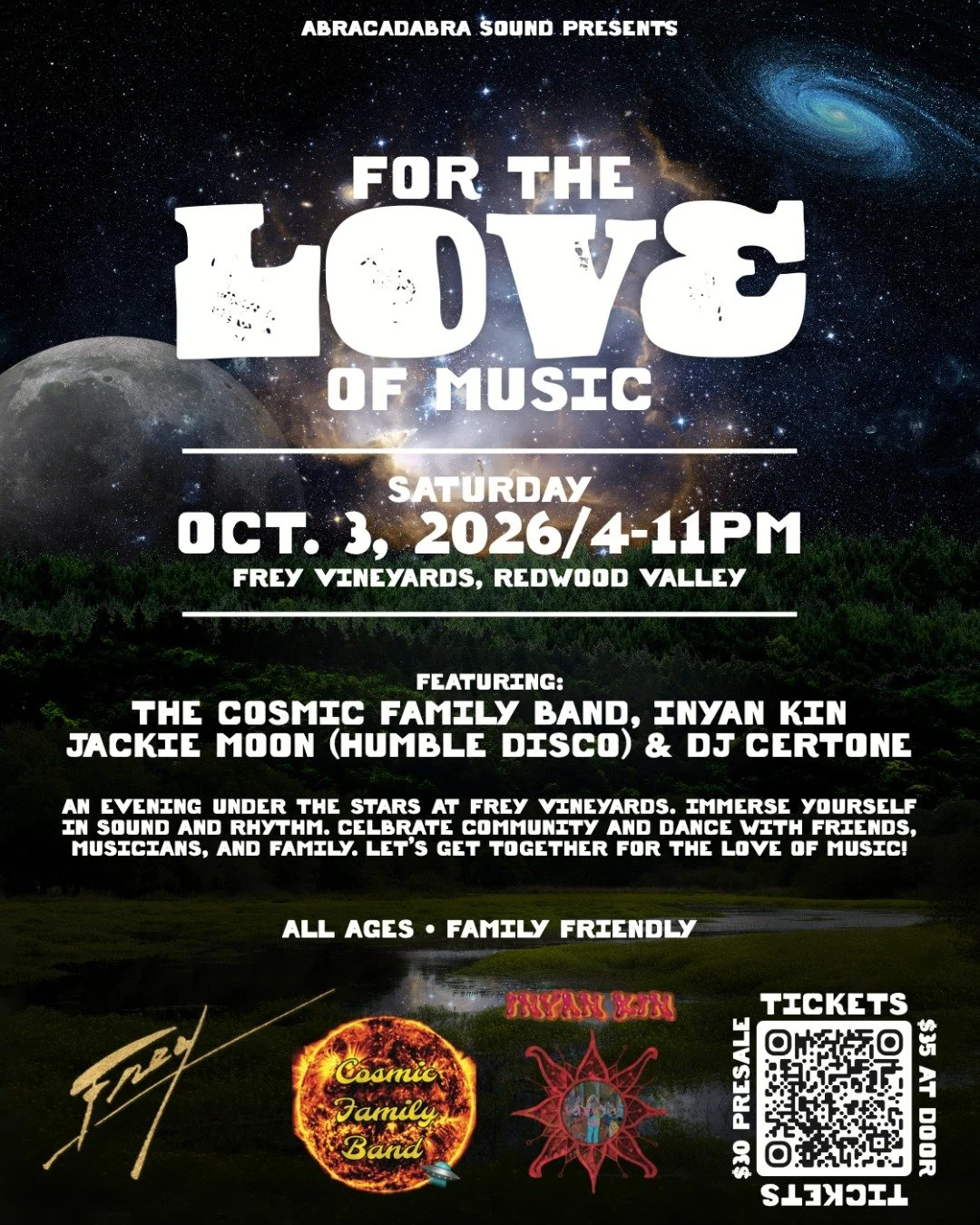 An Evening Under the Stars at Frey Vineyards!

Join us at Frey Vineyards for an evening of music, dancing, and community under the stars.

Come celebrate with friends, family, and musicians as we gather for the love of music, movement, and good compa