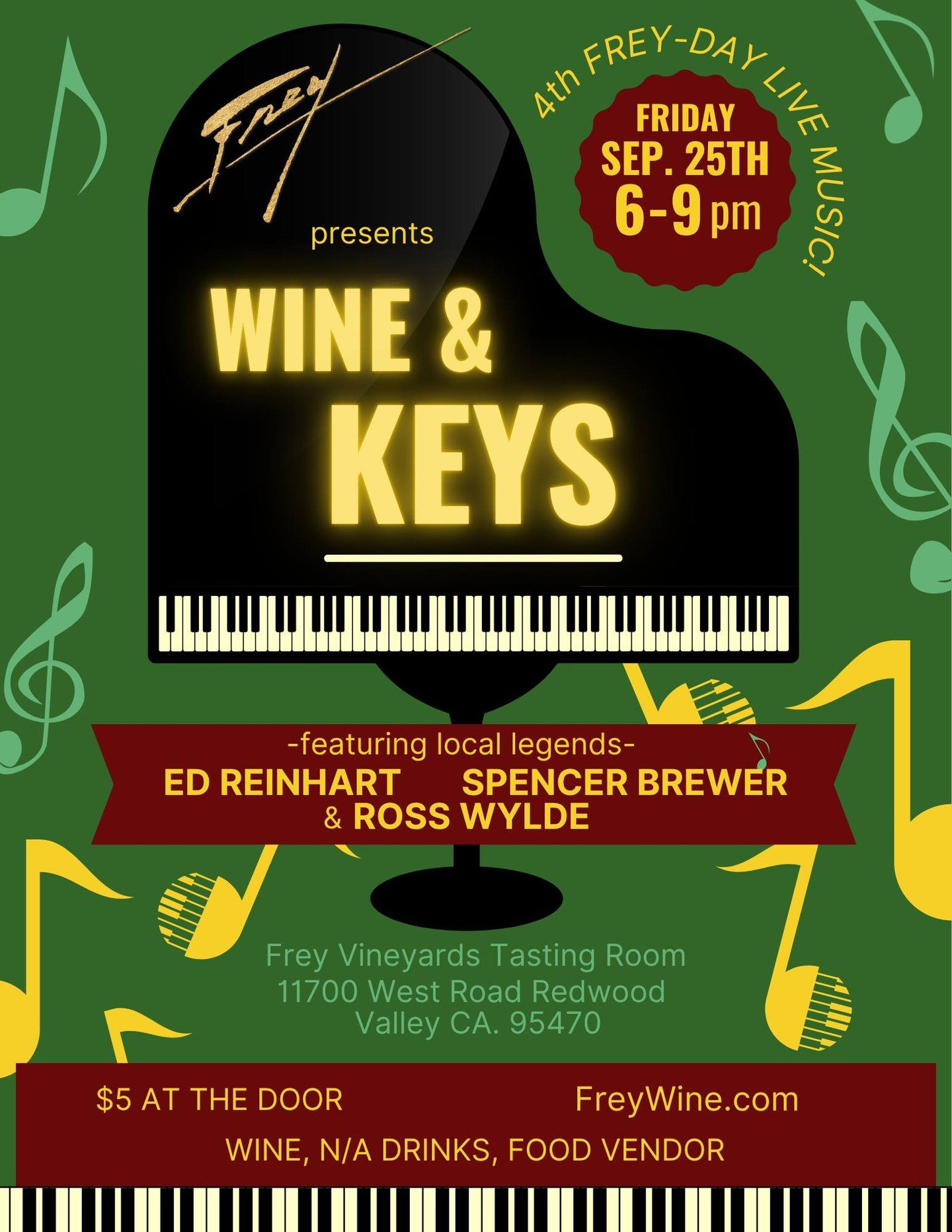 September&rsquo;s 4th FREY-DAY: Live Music &mdash; Wine &amp; Keys!

Enjoy drinks, snacks, and an evening of live music as three local piano legends tickle the ivories!

Wine Club members get complimentary entrance to Frey ticketed events and a compl