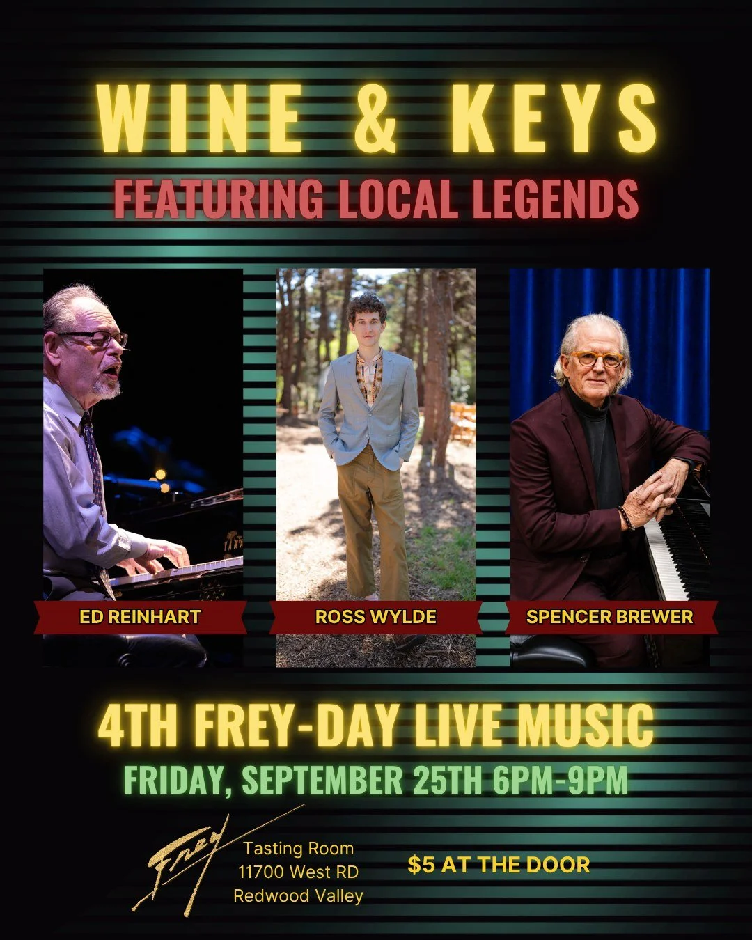 Three local legends will showcase their extraordinary piano-playing talents at our September 4th Frey-Day live music event!

Featuring the King of Boogie-Woogie and Blues, Ed Reinhart; internationally acclaimed musician and assemblage sculptor, Spenc