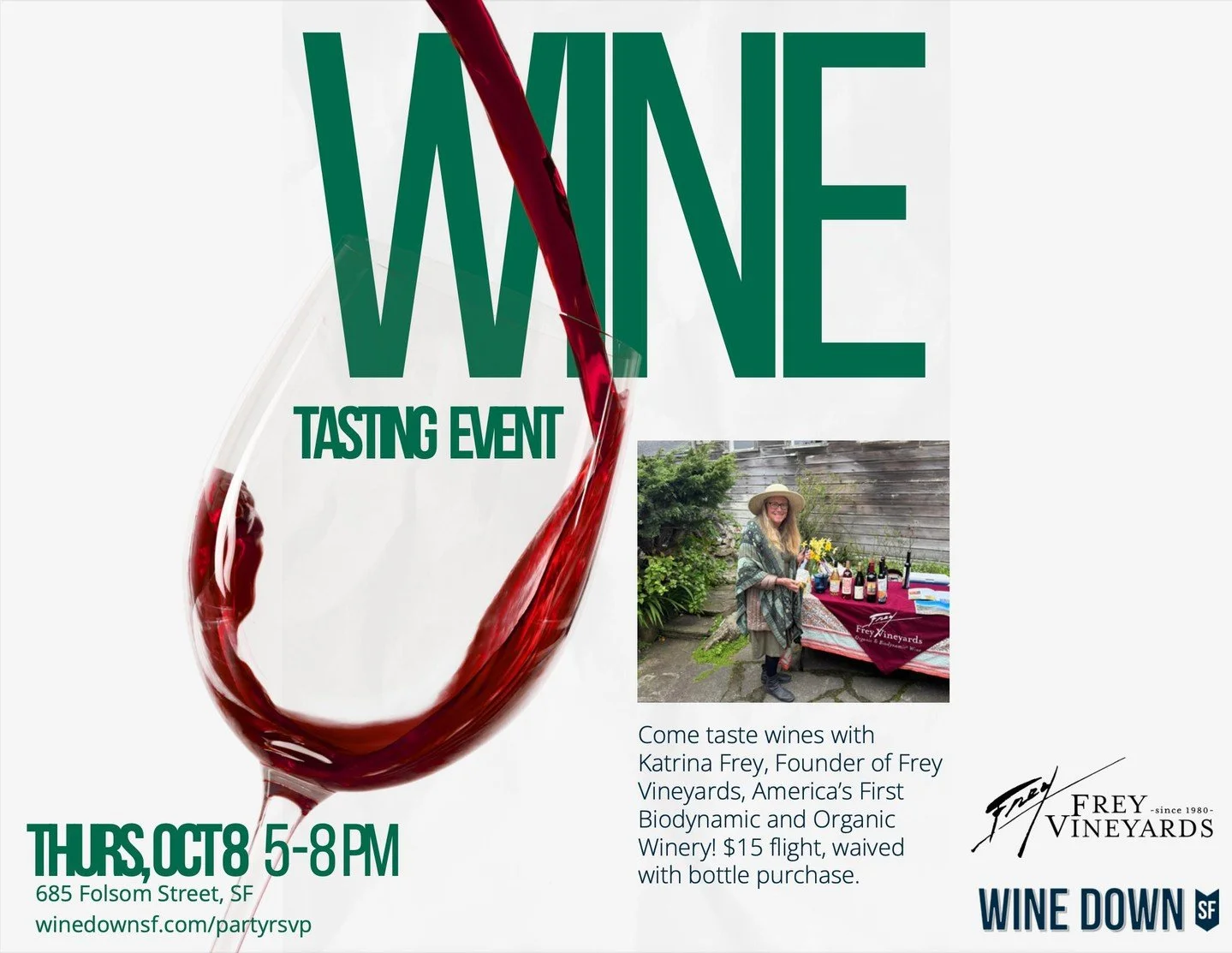 Katrina, founder of Frey Vineyards, will be at Wine Down SF in San Francisco for an evening of Frey wines, conversation, and a taste of our family&rsquo;s organic and Biodynamic winemaking tradition.

Whether you&rsquo;re already a Frey fan or just d