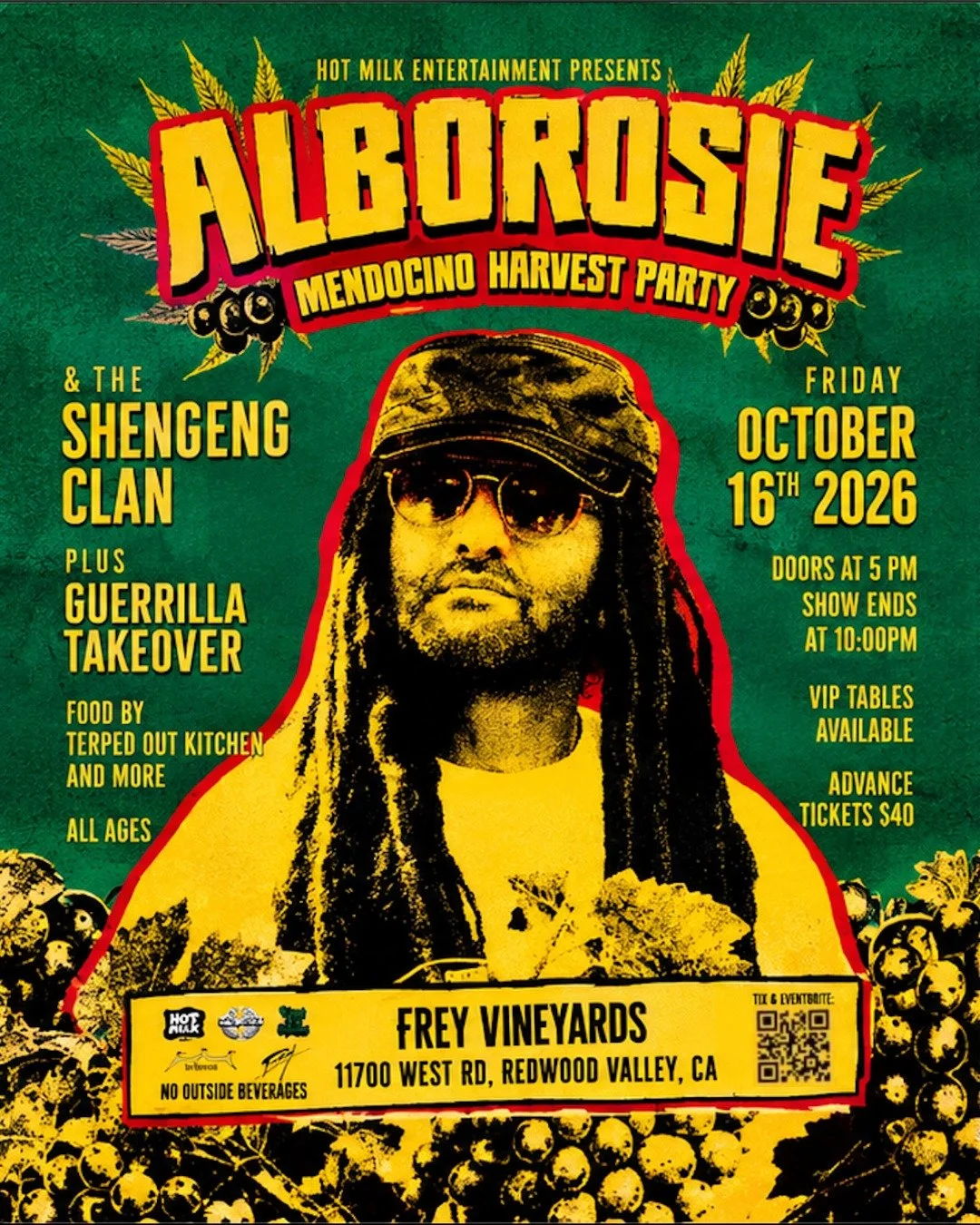 Hot Milk Entertainment Presents: Alborosie at the Mendocino Harvest Party!

Get ready for an unforgettable evening of reggae vibes! Hot Milk Entertainment proudly presents Alborosie &amp; The Shengeng Clan headlining the Mendocino Harvest Party. They